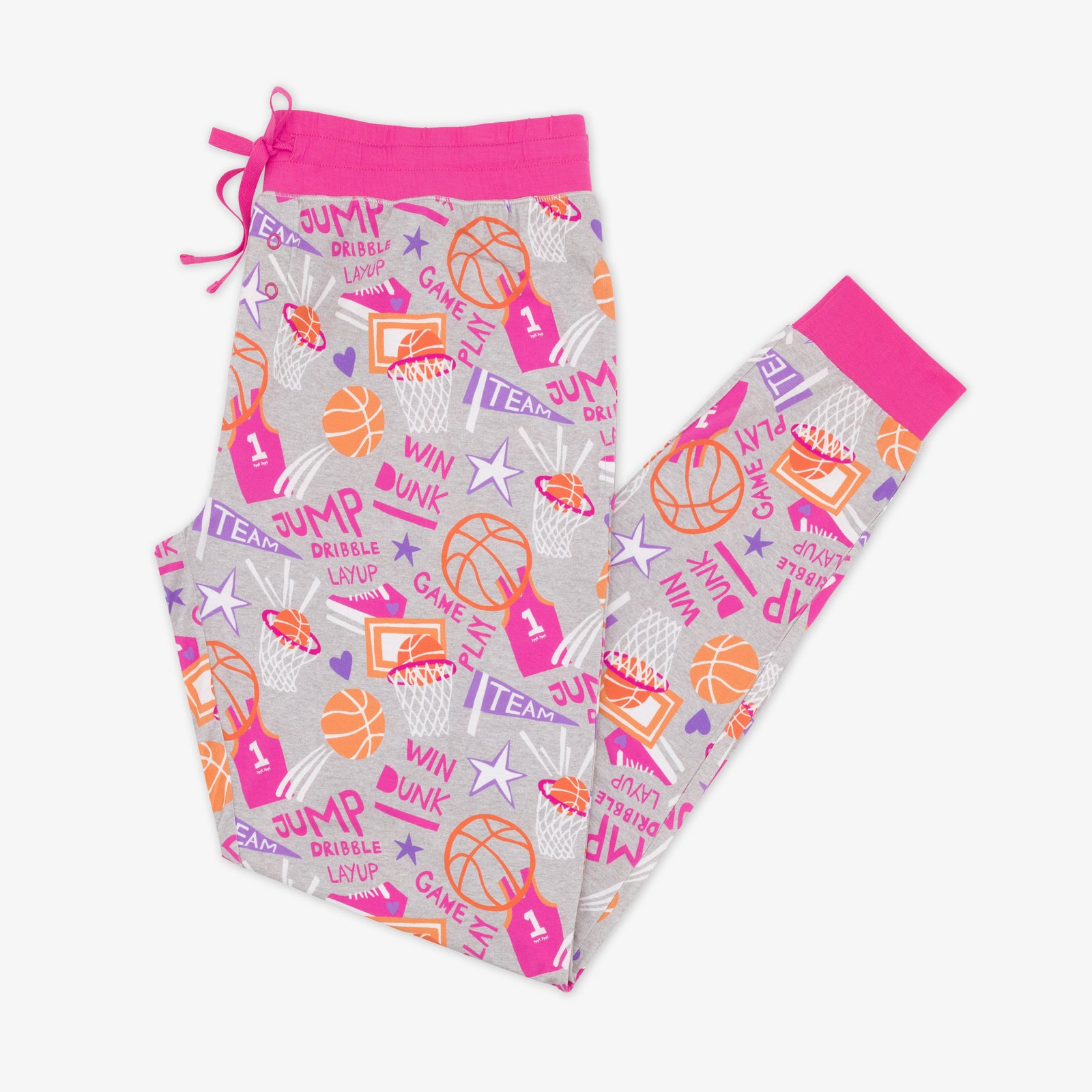 Flat lay of the Pink Slam Dunk womens pajama pants