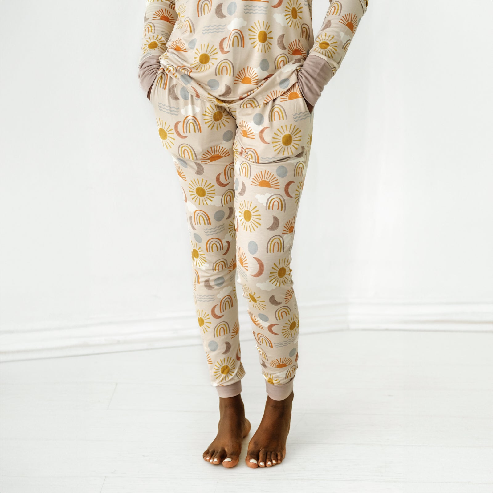 Woman wearing Desert Sunrise women's pj pants