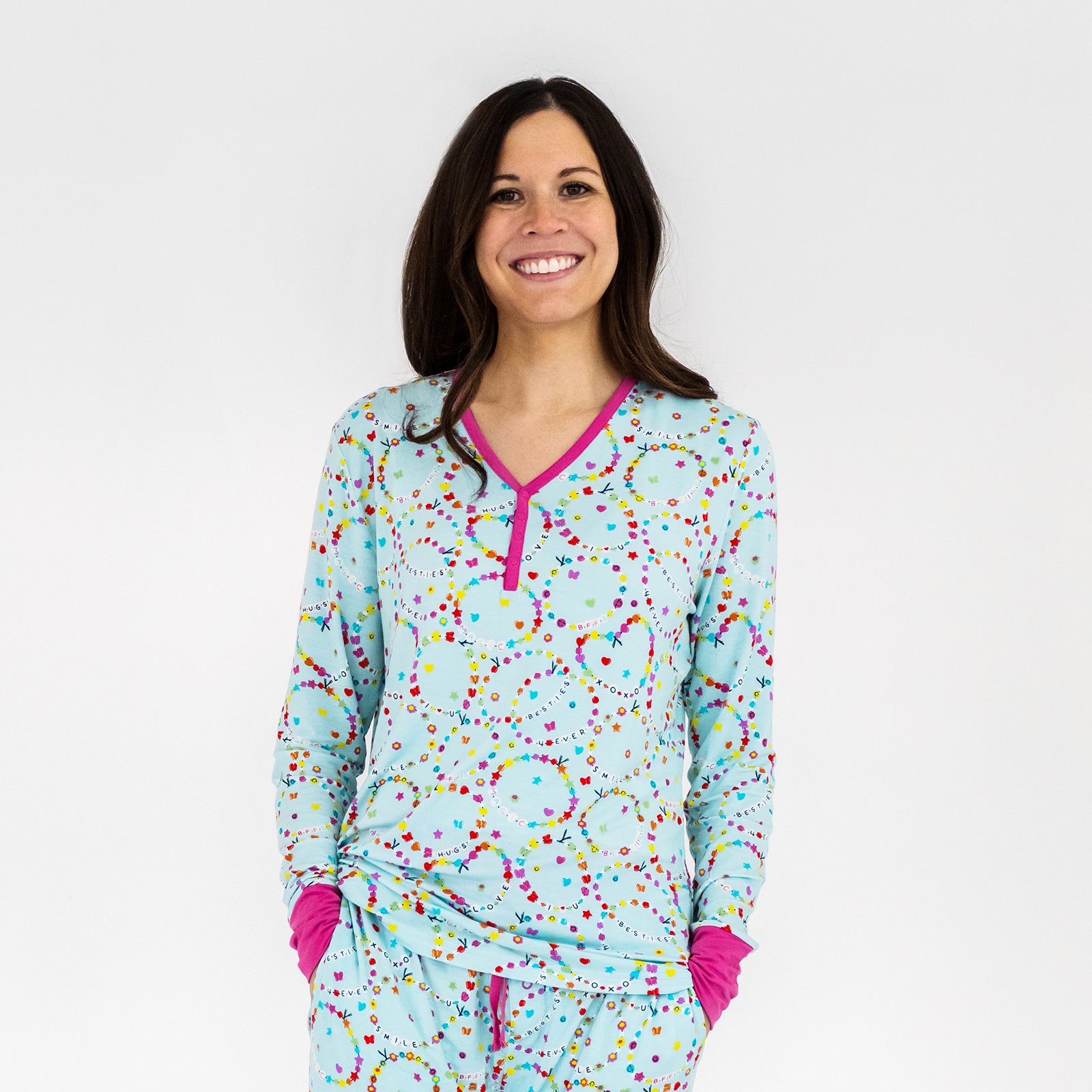 Close up of a woman wearing a Friends Forever women's pj top