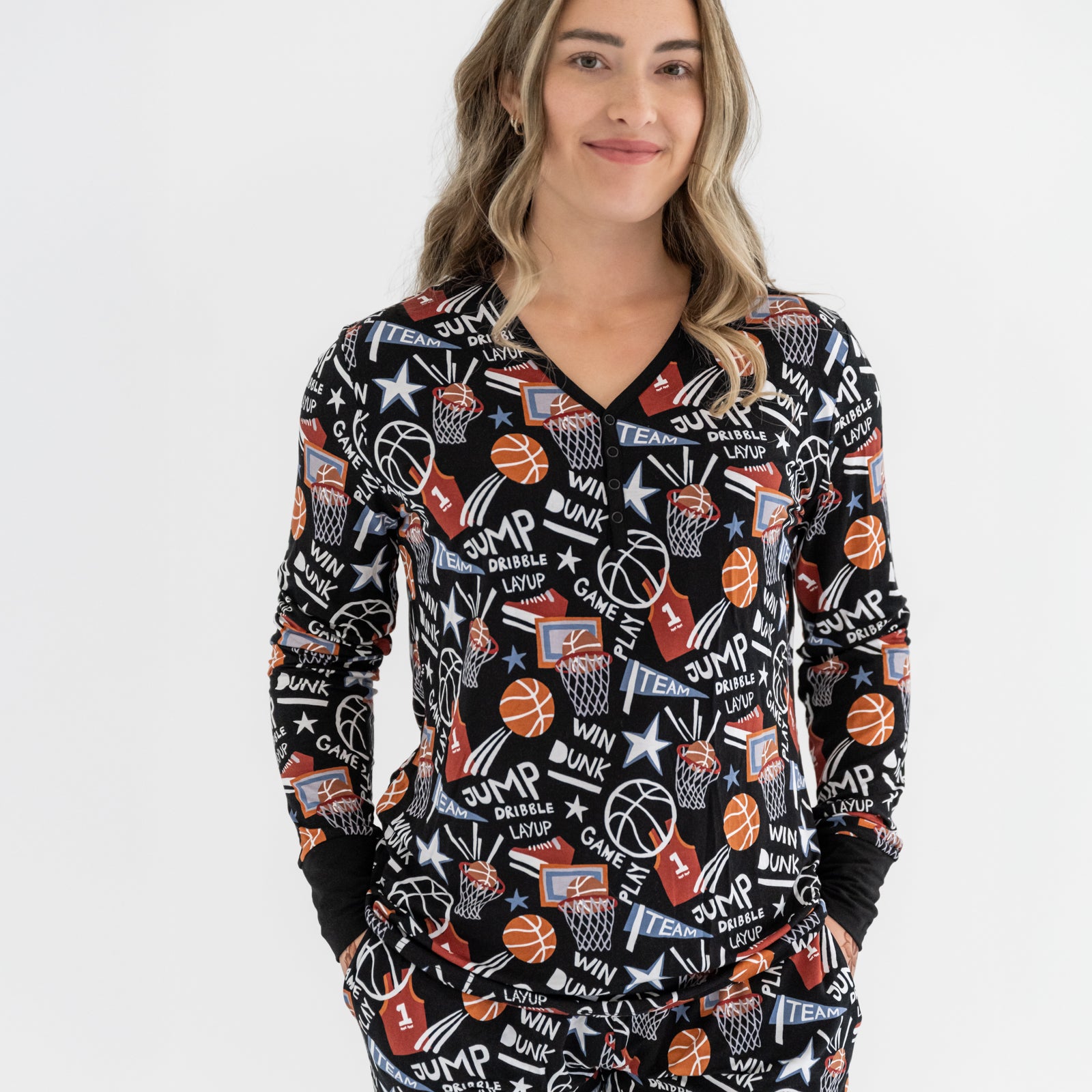 Close up of a woman wearing the Black Slam Dunk bamboo pajama top