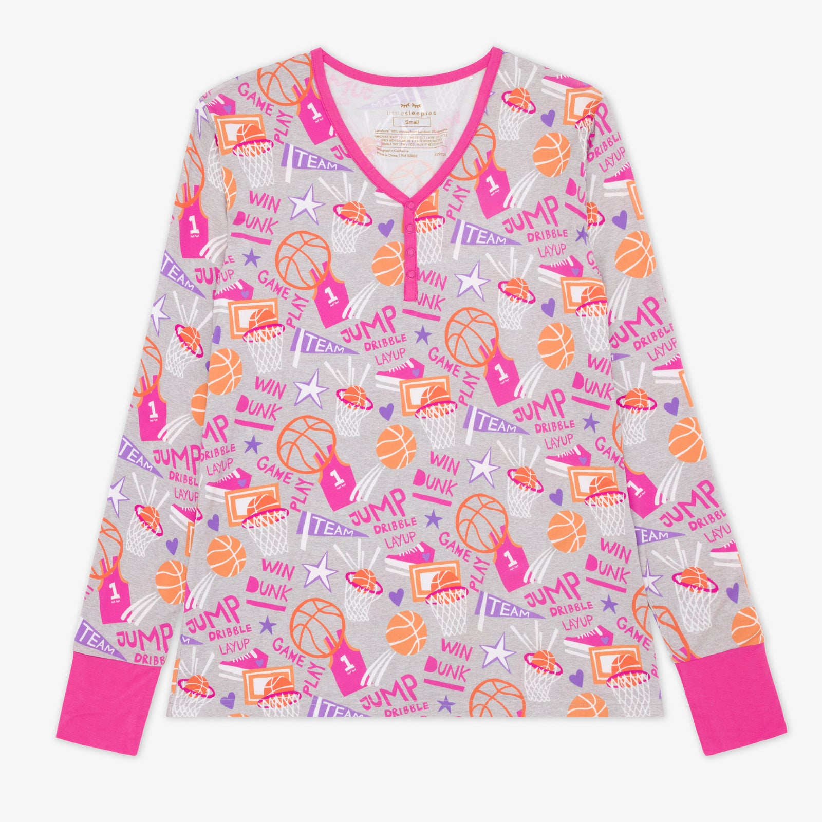 Flay lay of the womens Pink Slam Dunk bamboo pajama top