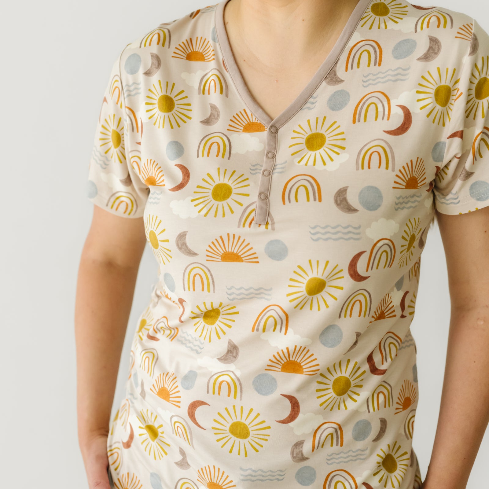Alternate close up image of a woman wearing Desert Sunrise women's short sleeve pajama top