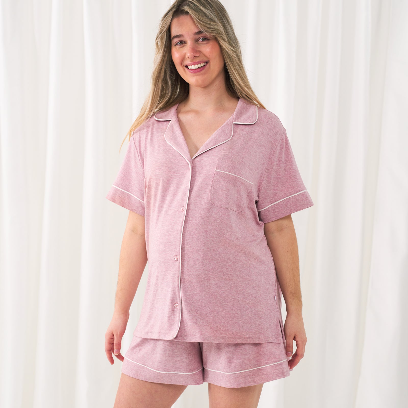 Alternate image of a woman wearing a Heather Mauve women's short sleeve and shorts pajama set