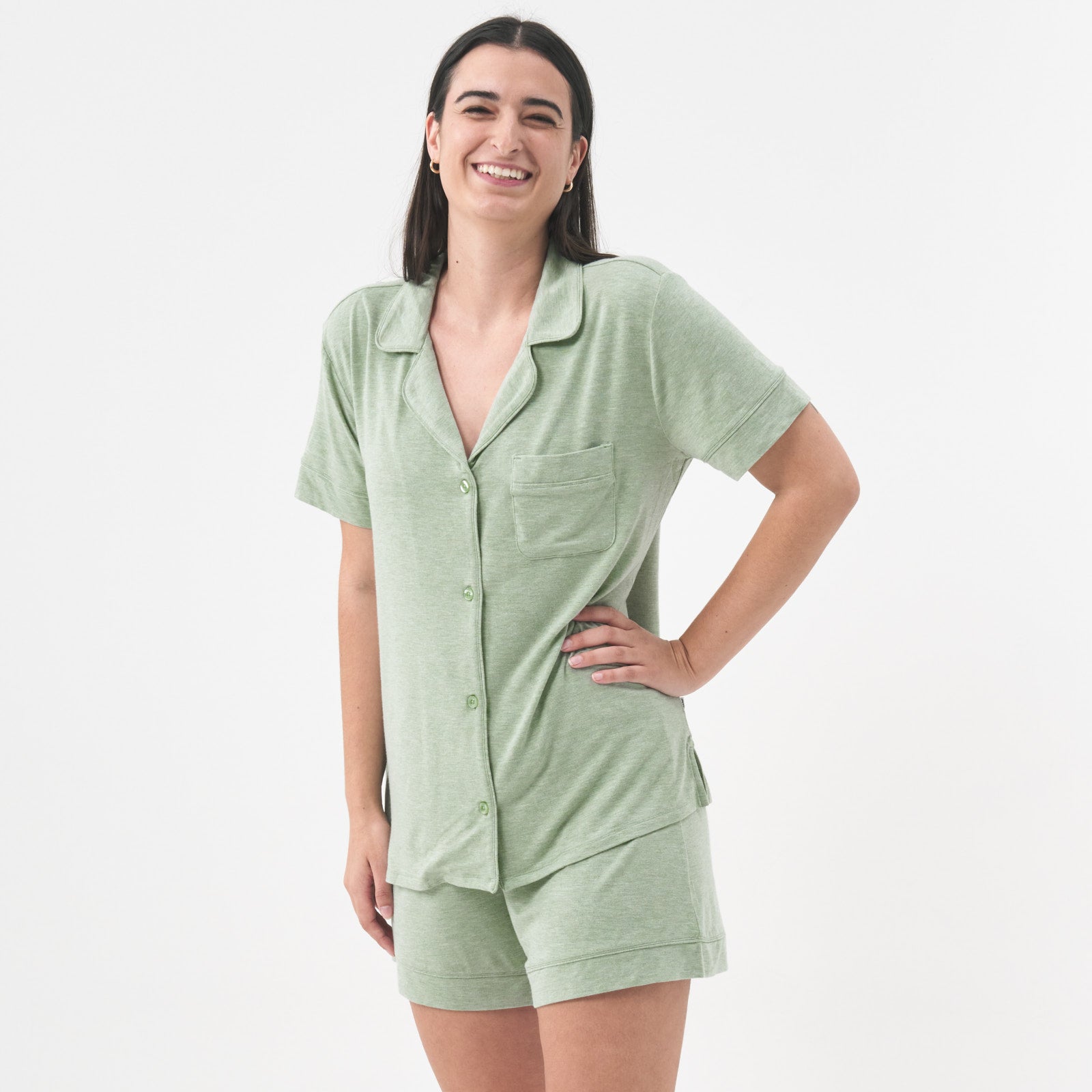 woman wearing a Heather Sage women's PJ short sleeve and shorts pj set