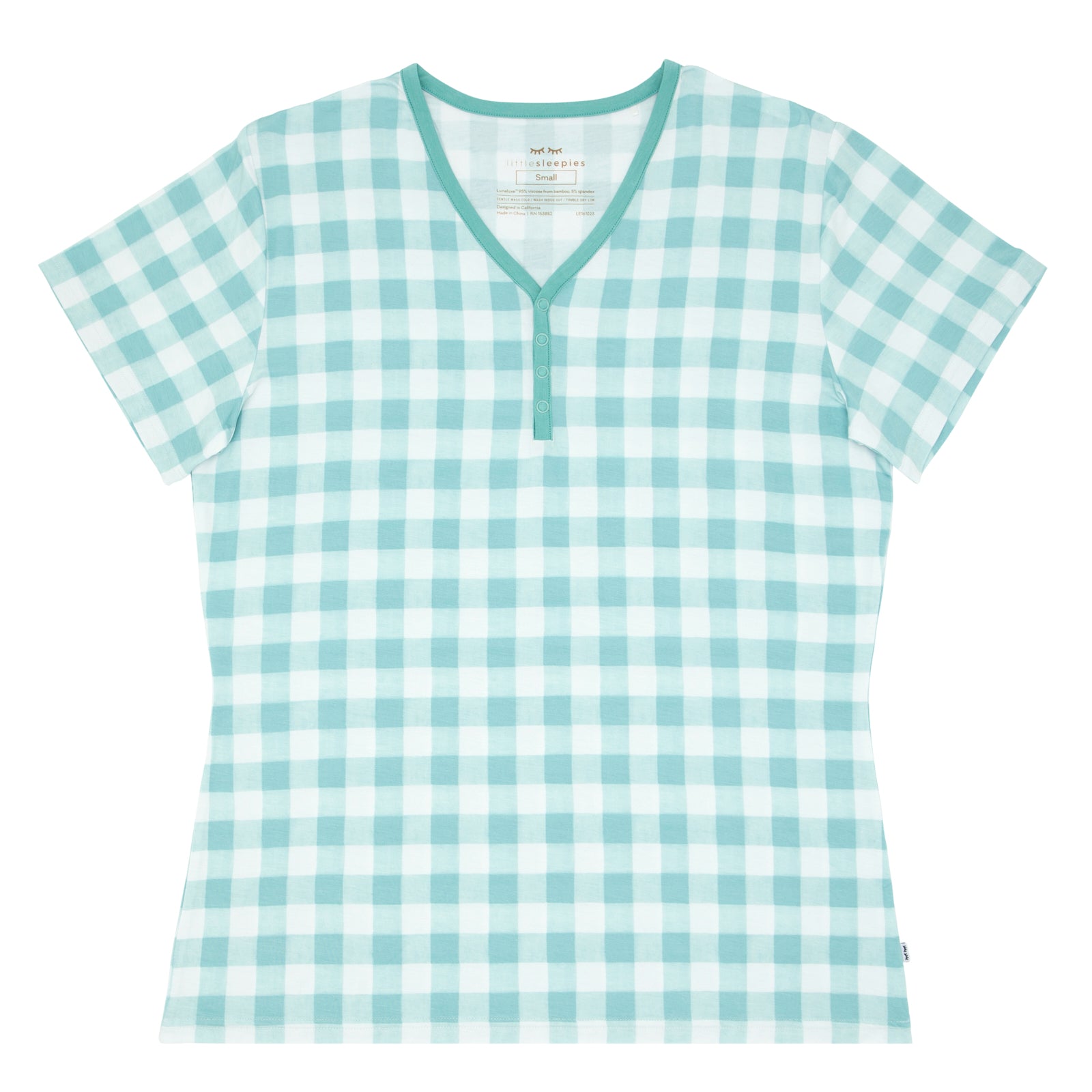 Flat lay image of women's Aqua Gingham short sleeve pajama top