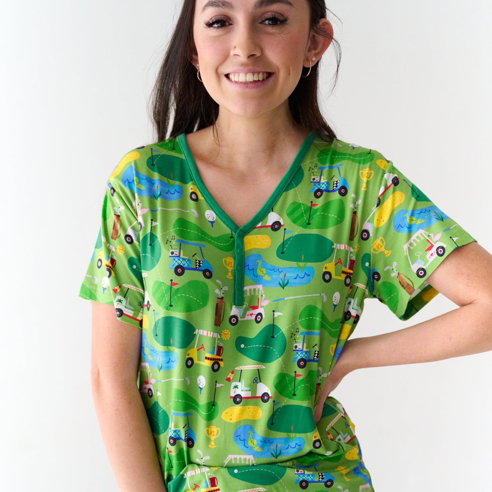 Close up image of a woman wearing a Fairway Fun women's short sleeve pajama top