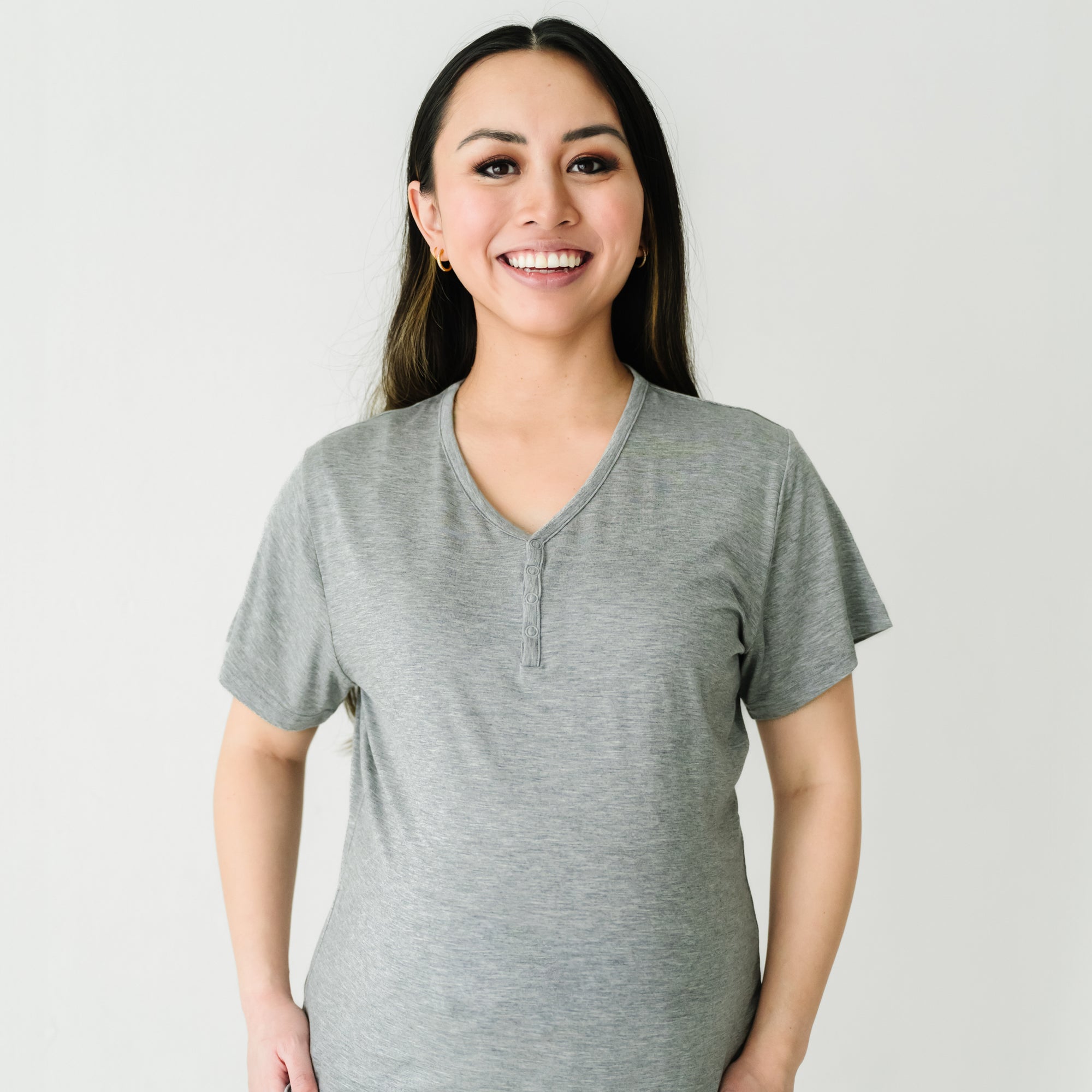 Close up image of a woman wearing a Heather Gray women's short sleeve pajama top