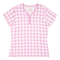 Flat lay image of a Pink Gingham women's short sleeve pajama top