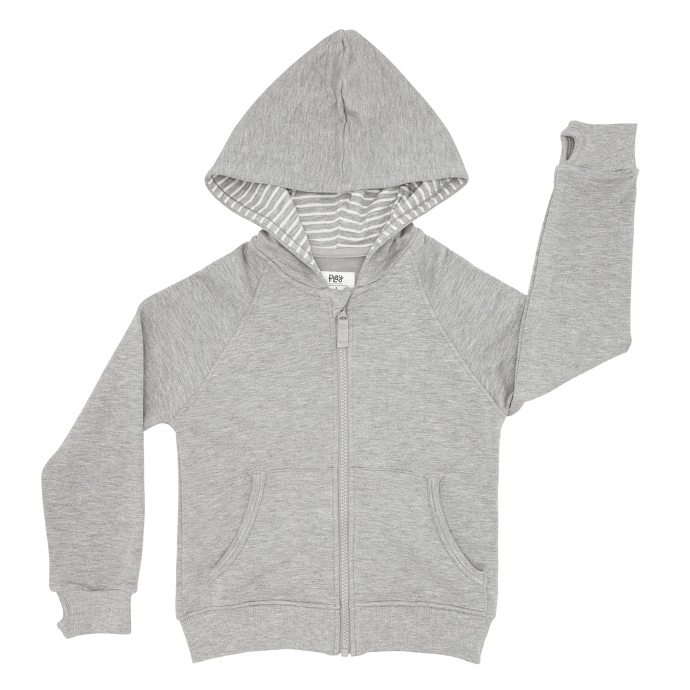 Flat lay image of a Heather Gray zip hoodie