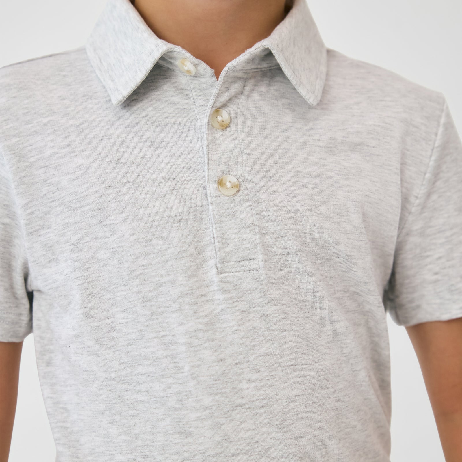 Close up of the collar detail on the Light Heather Gray Polo Shirt