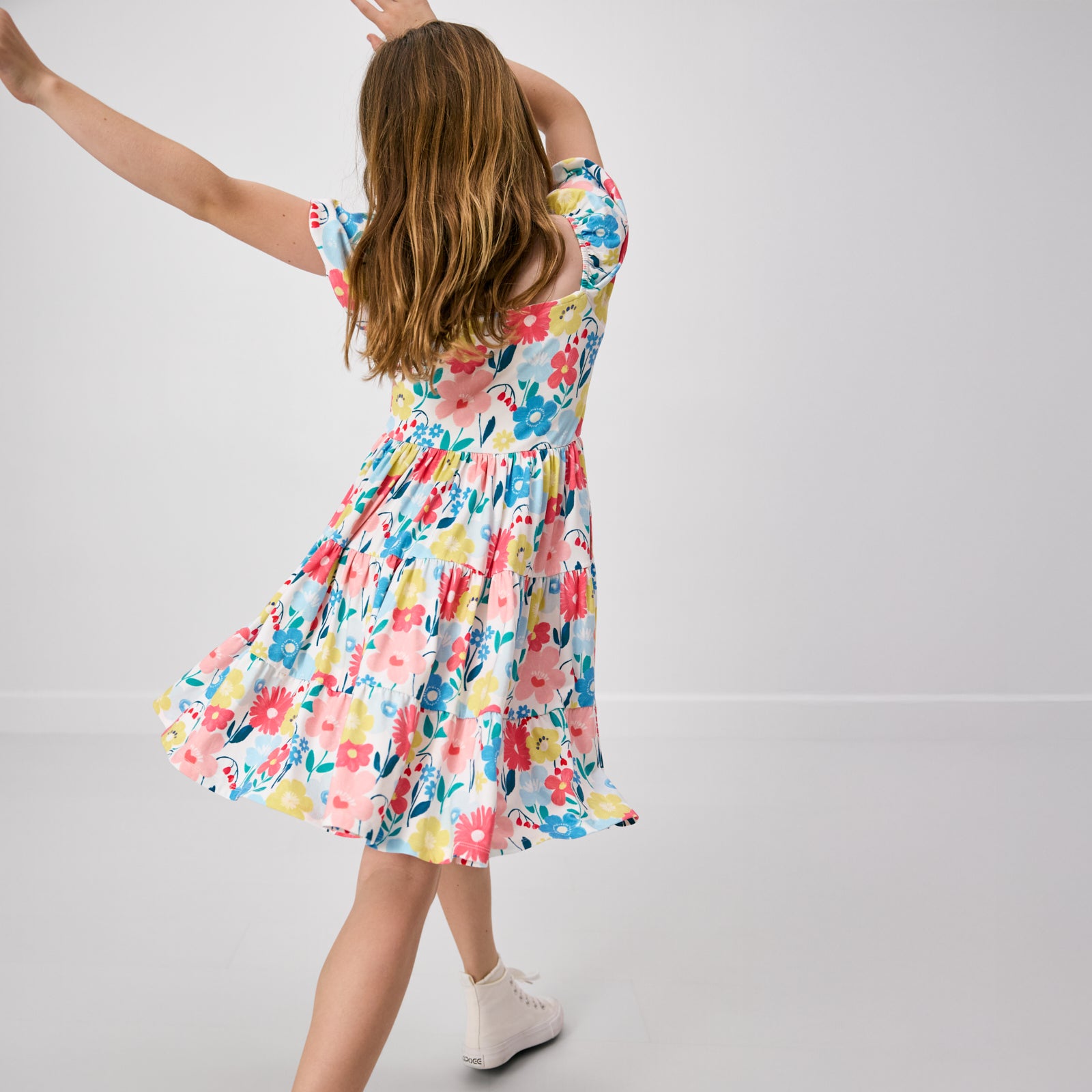 Walking girl wearing the Midsummer Meadow Peasant Dress