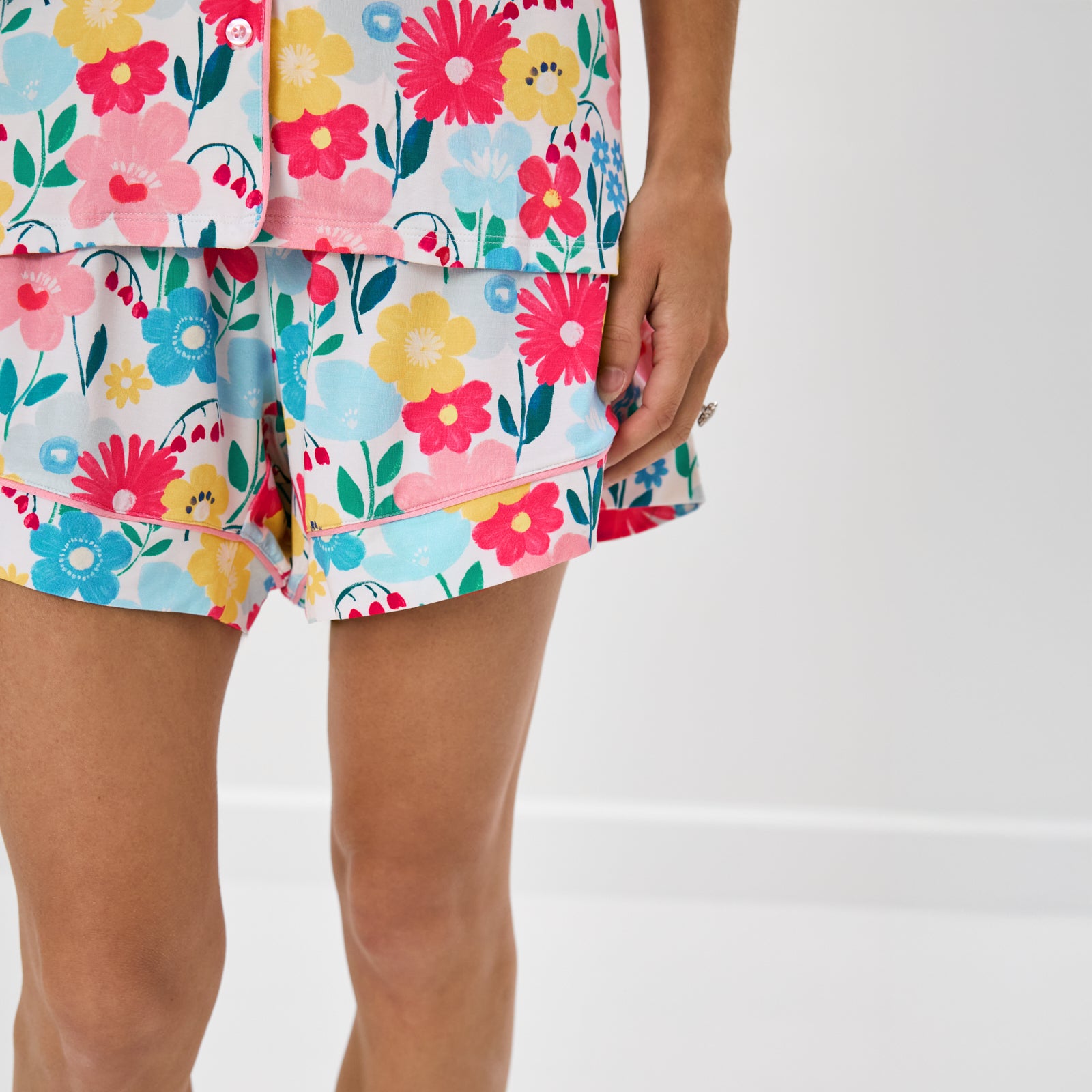 Close up of woman wearing the shorts in the Midsummer Meadow Women's Short Sleeve & Shorts Pajama Set