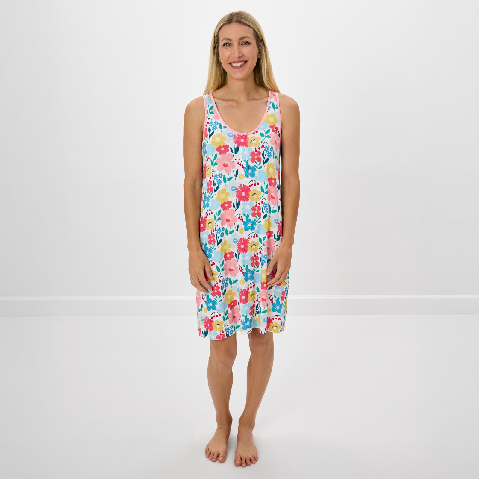 Standing woman wearing the Midsummer Meadow Women's Sleeveless Nightgown