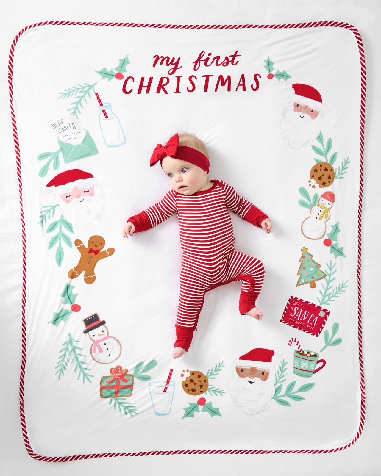 Overhead view of baby laying on the My First Christmas Milestone Plush Blanket