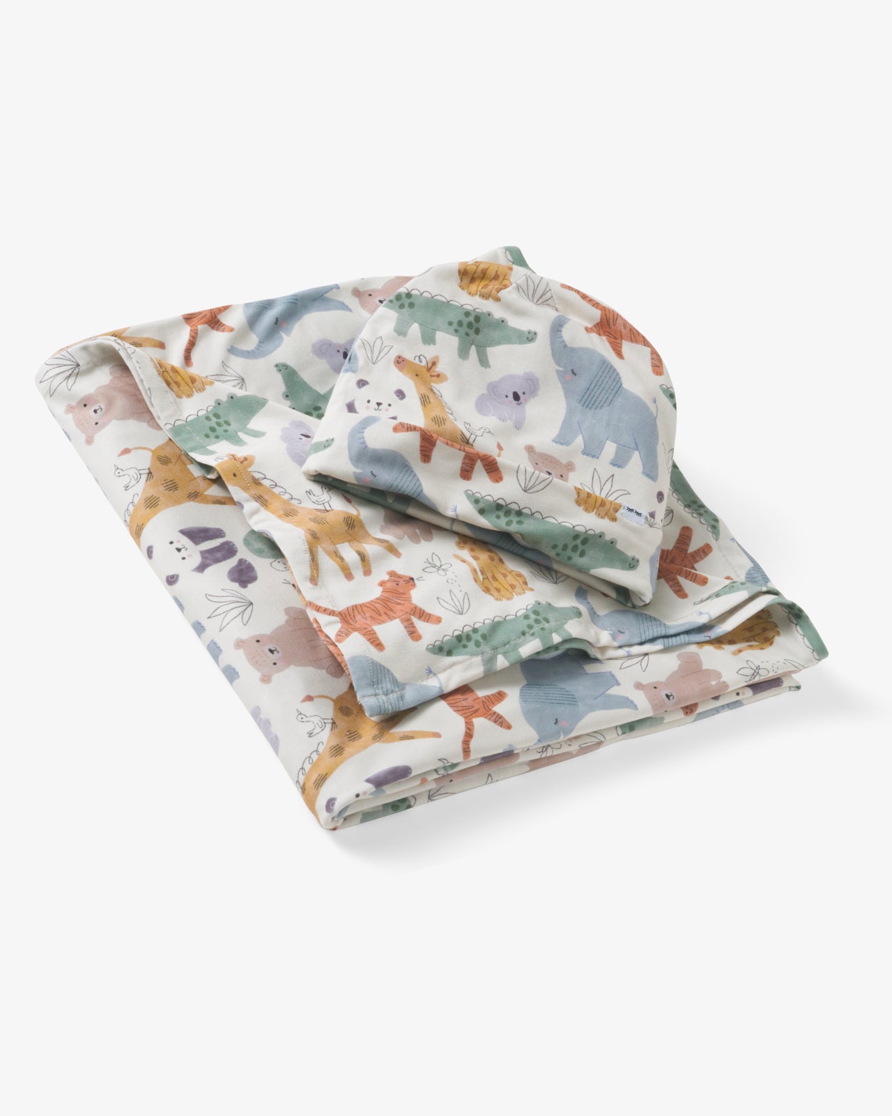 Flat lay of the Sweet Safari Swaddle & Infant Beanie Set