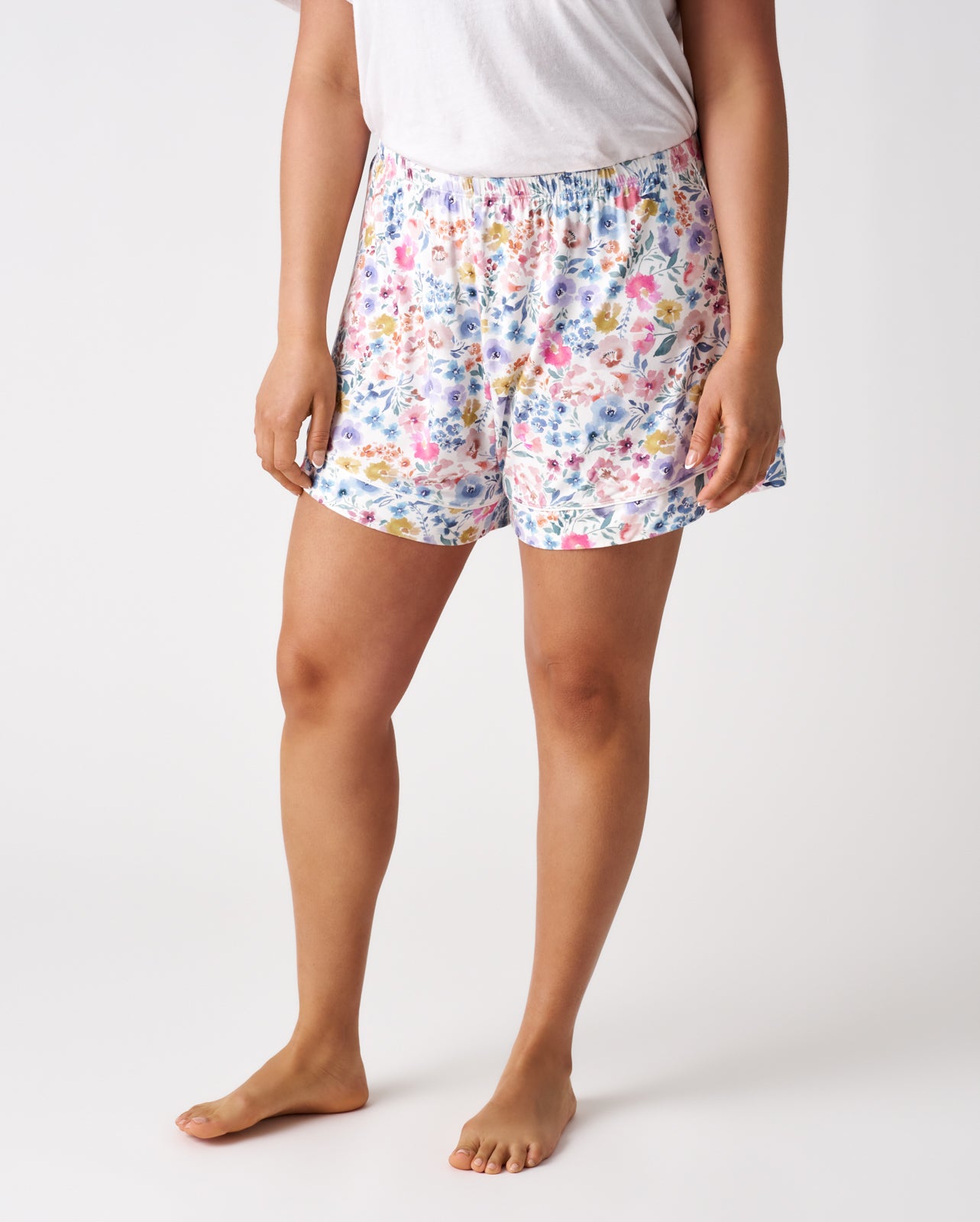 Front view of woman wearing the Tiny Blooms Women's PJ Shorts