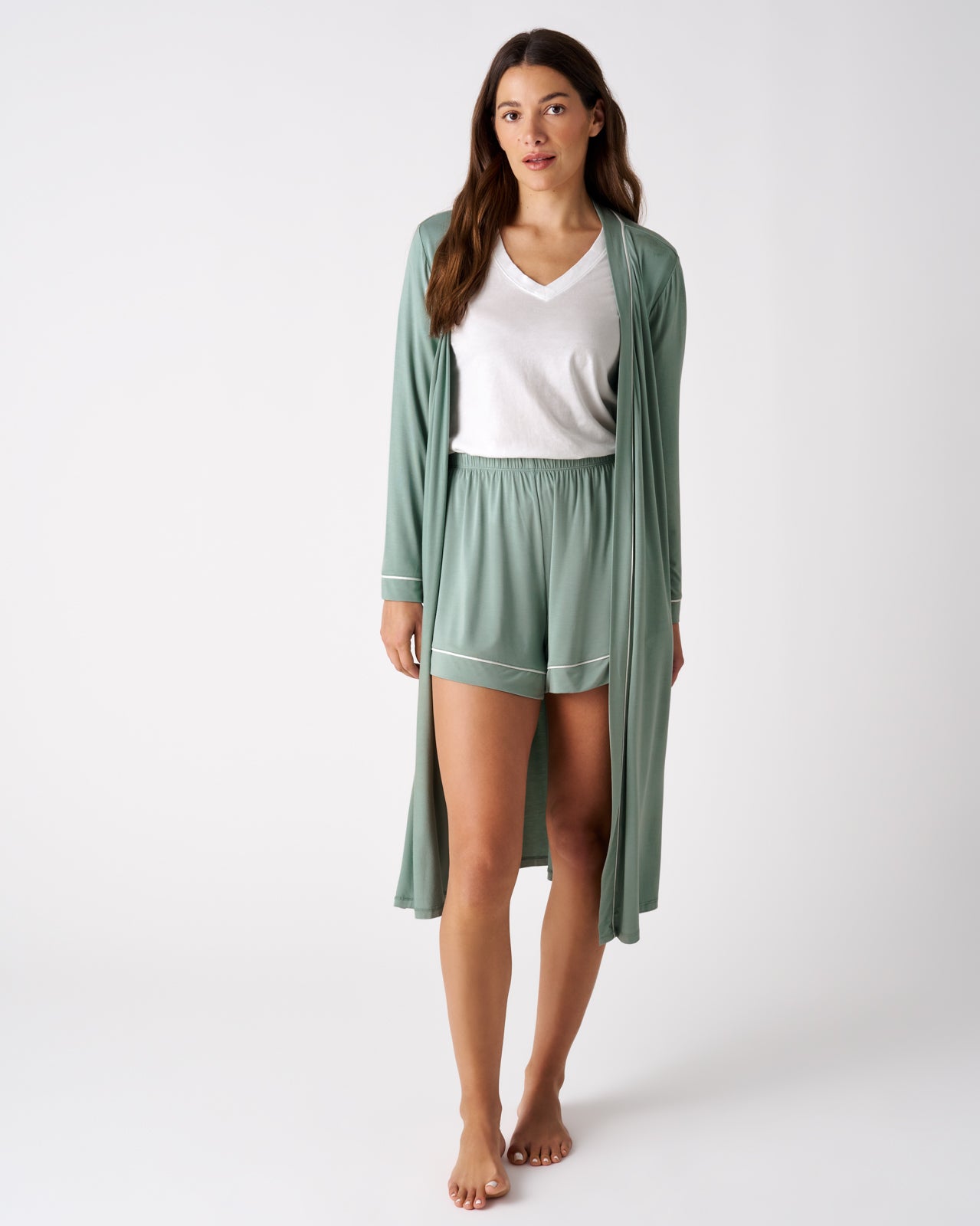 Woman wearing the Willow Women's Robe layered over matching shorts