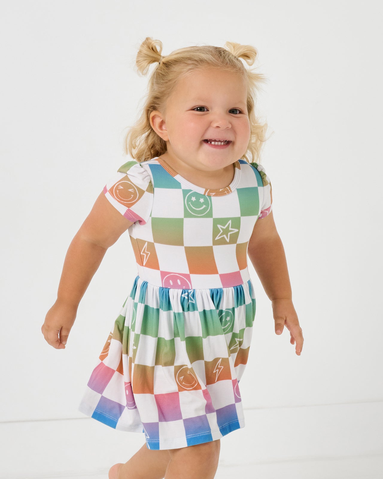 Toddler wearing the Ombre Cheery Checks Skater Dress with Bodysuit