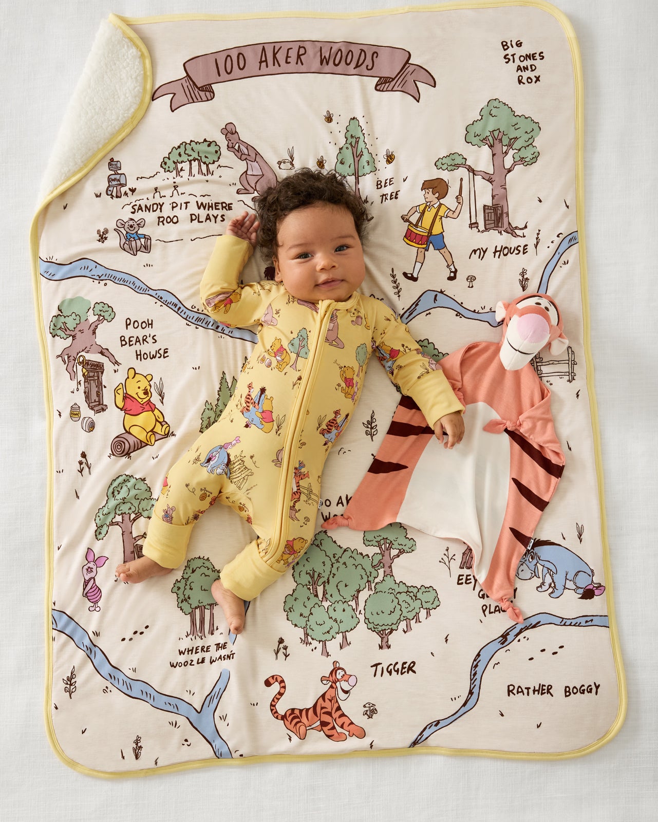 Aerial view of baby laying on the Disney Hundred Acre Wood Mini Cloud Blanket® with the Tigger Lovey