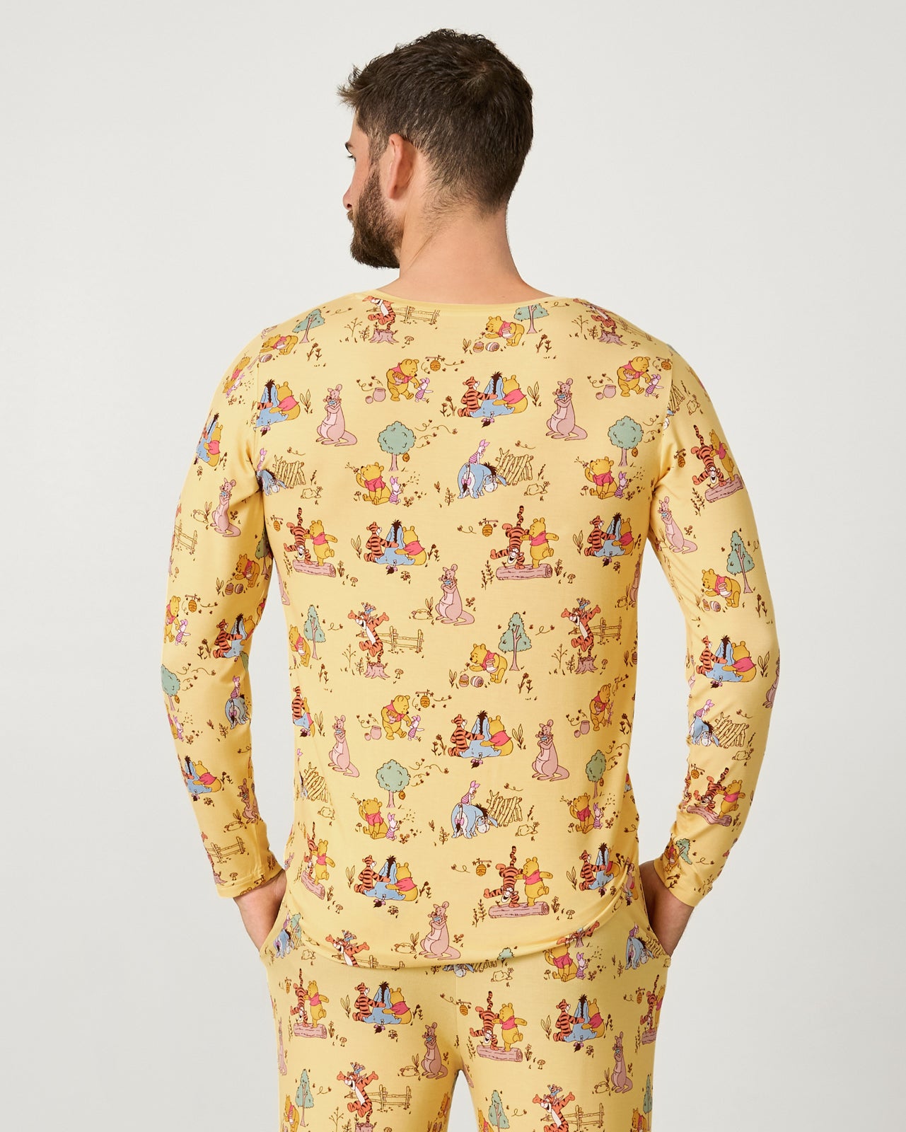 Back view of man wearing the Disney Playtime With Pooh Men's Long Sleeve Pajama Top