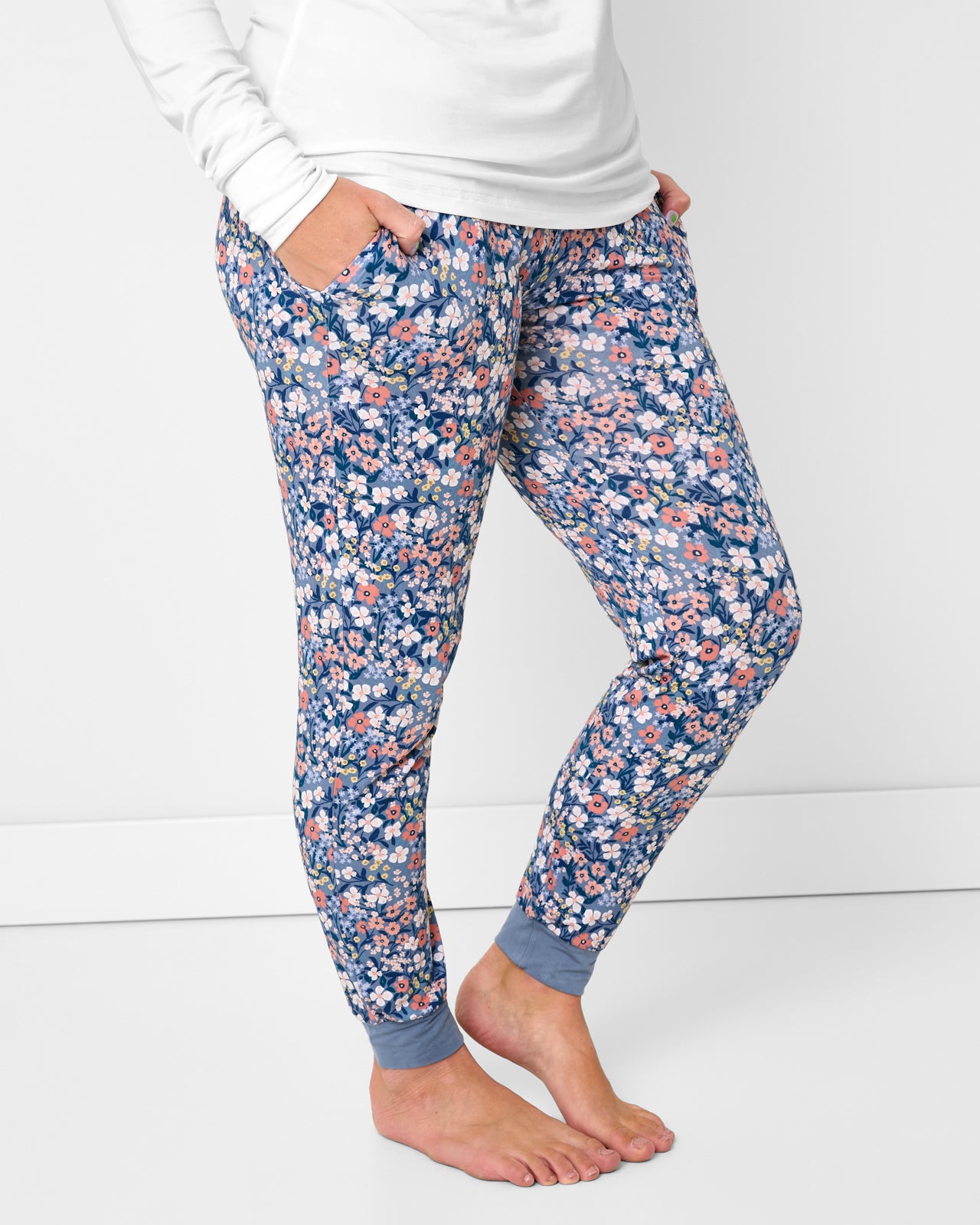 Side view of woman wearing the Petite Petals Women's Pajama Pants
