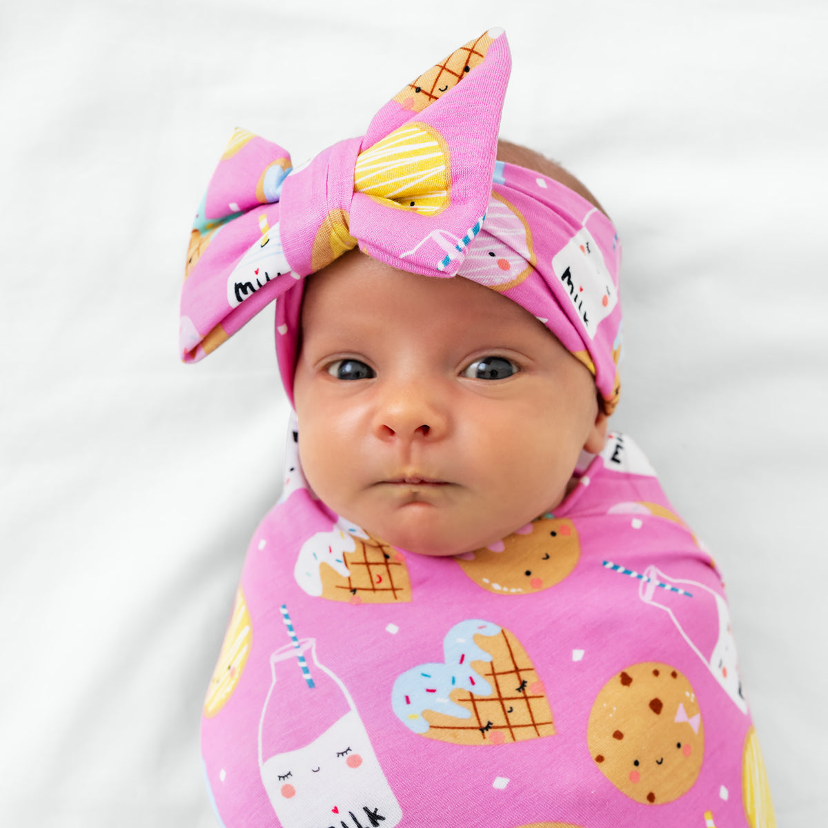 Pink Cookies & Milk Swaddle & Luxe Bow Headband Set – Little Sleepies display picture 1