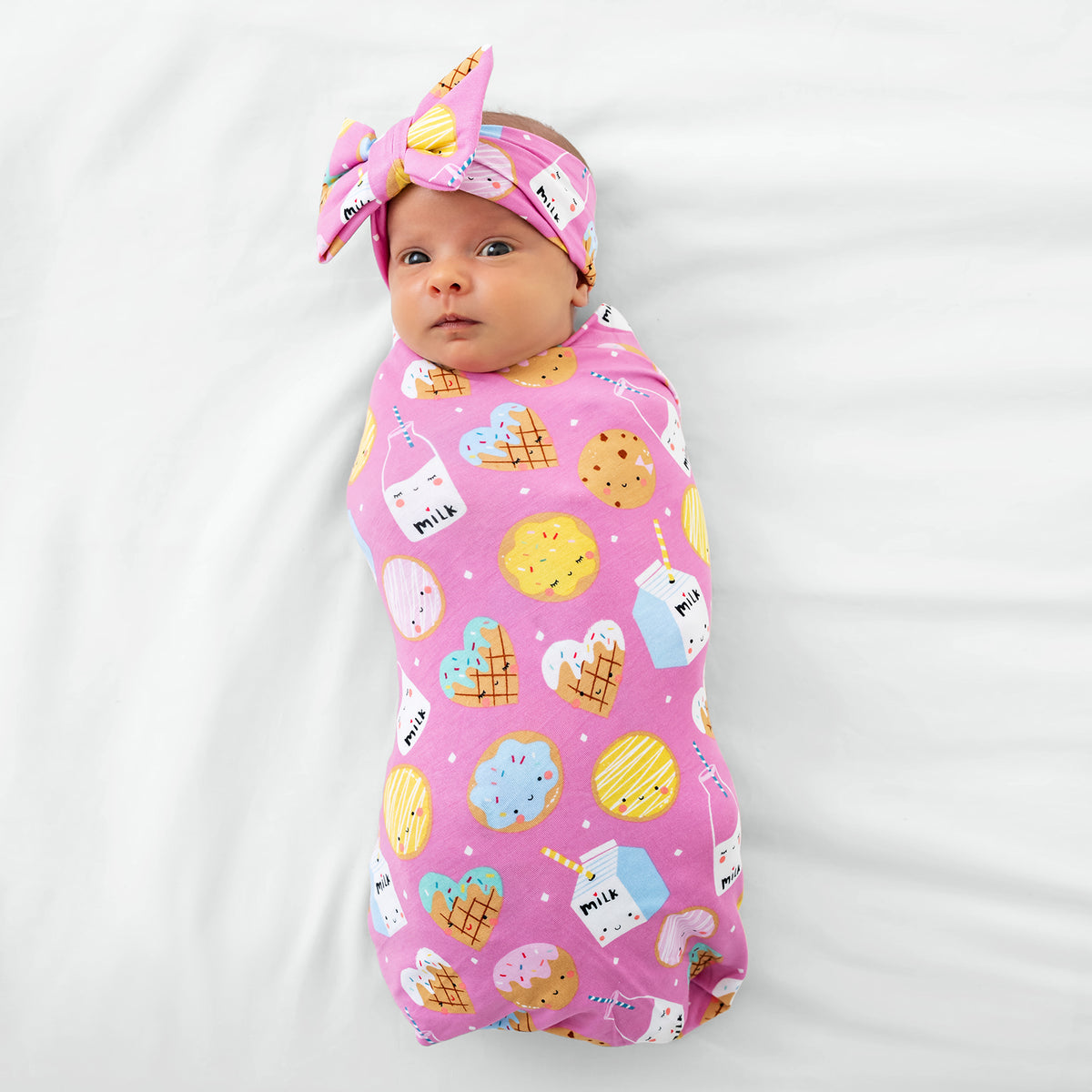 Pink Cookies & Milk Swaddle & Luxe Bow Headband Set – Little Sleepies display picture 1