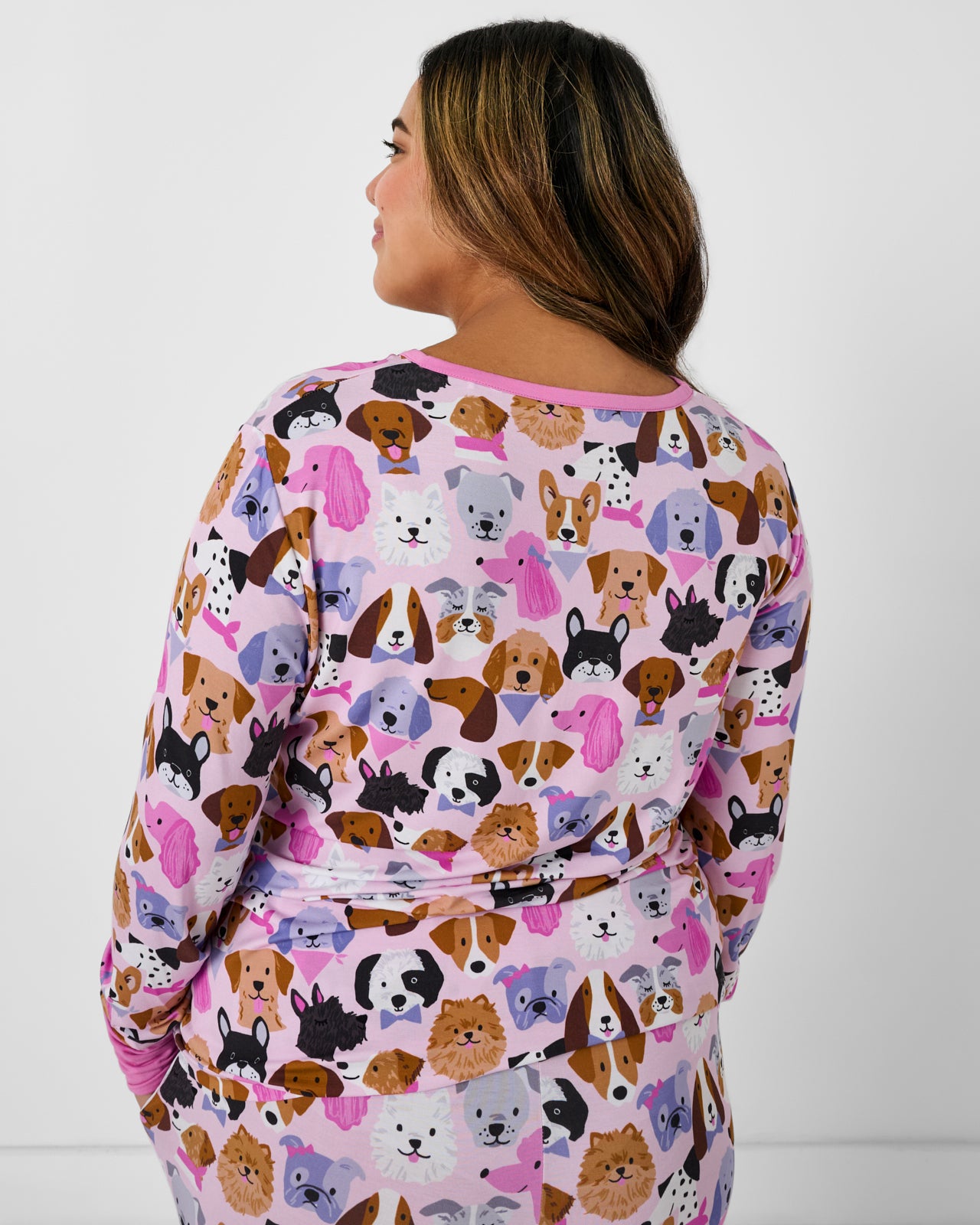 Back view of woman wearing the Pink Puppy Parade Women's Long Sleeve Pajama Top