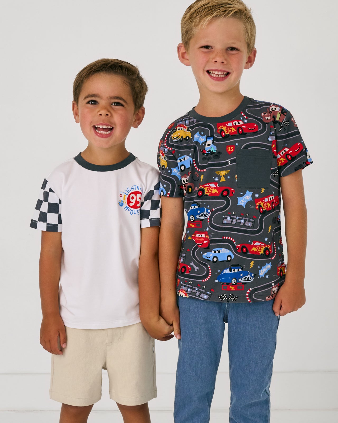 Two boys wearing styles from the Disney Cars themed collection