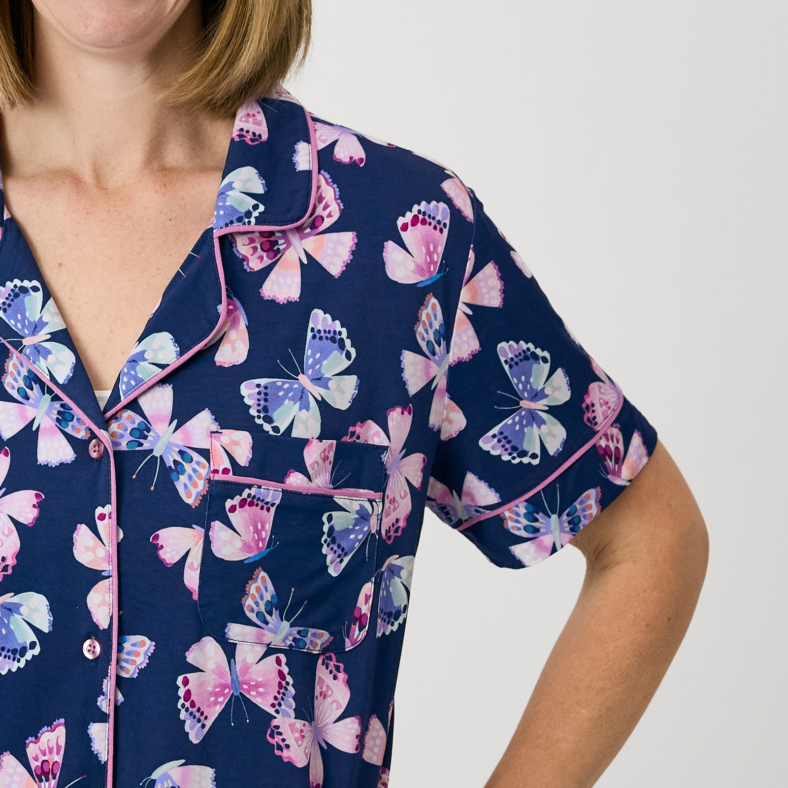 Close up of the pocket detail on the Royal Butterflies Women's Short Sleeve & Shorts Pajama Set