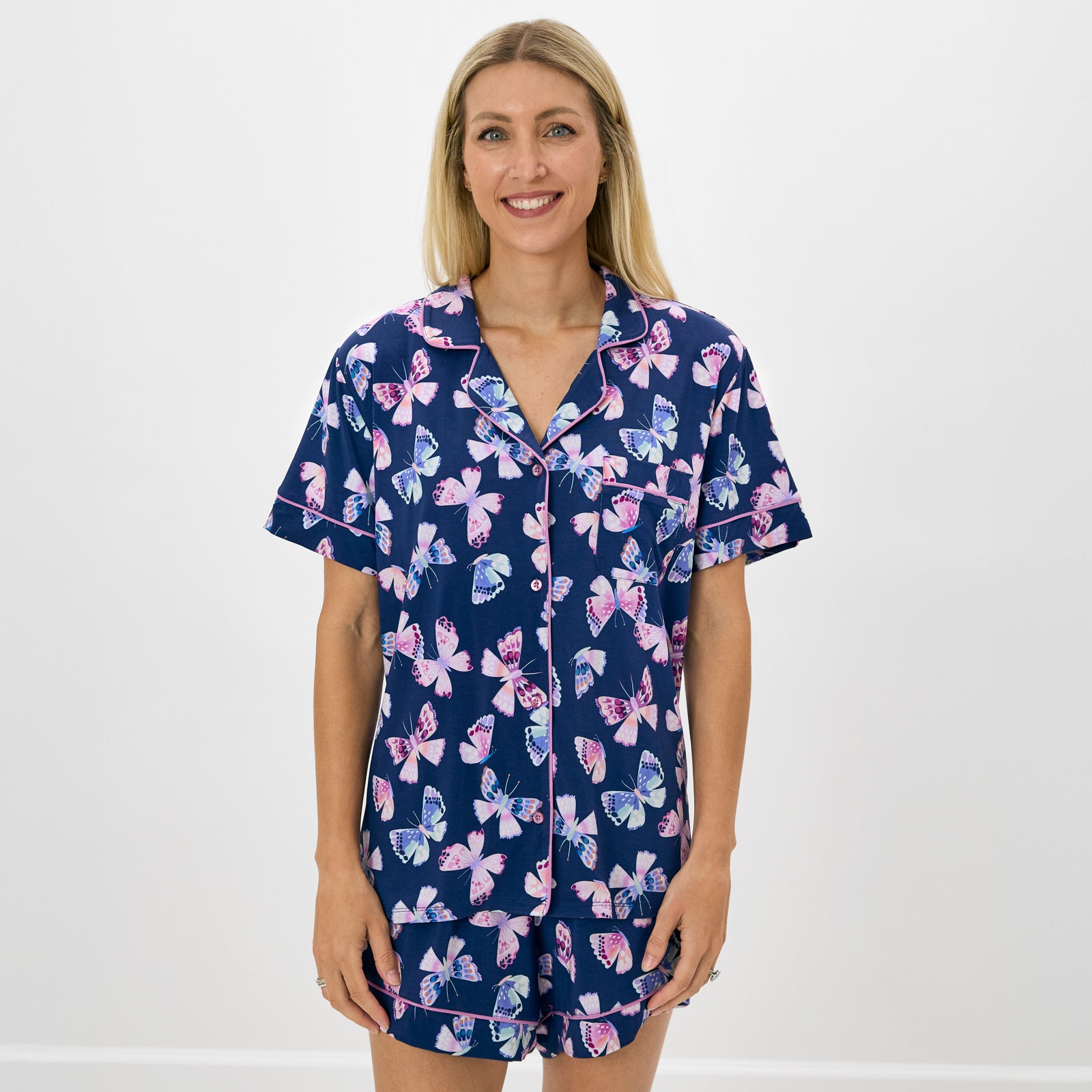 Woman wearing the Royal Butterflies Women's Short Sleeve & Shorts Pajama Set