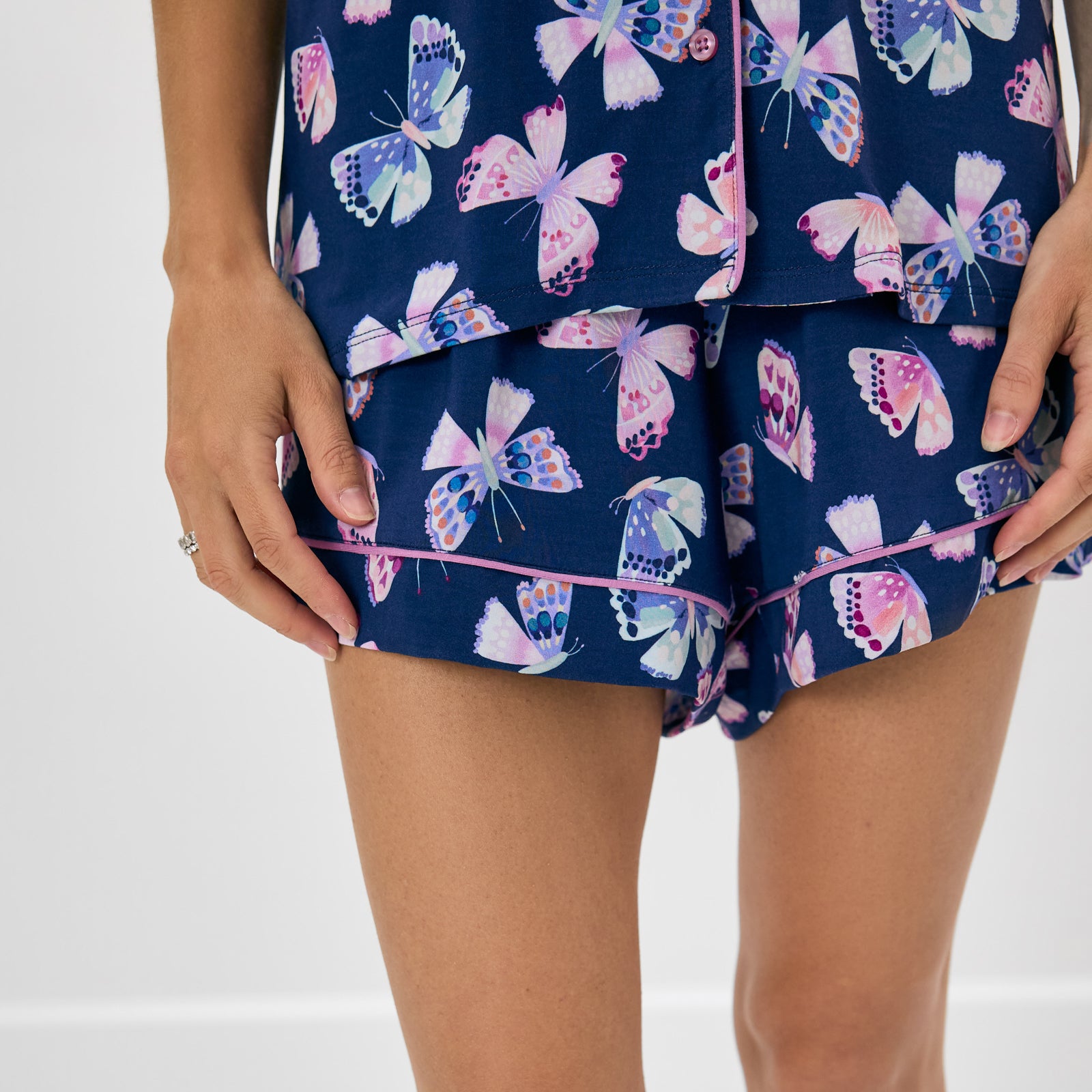 Close up of the shorts in the Royal Butterflies Women's Short Sleeve & Shorts Pajama Set