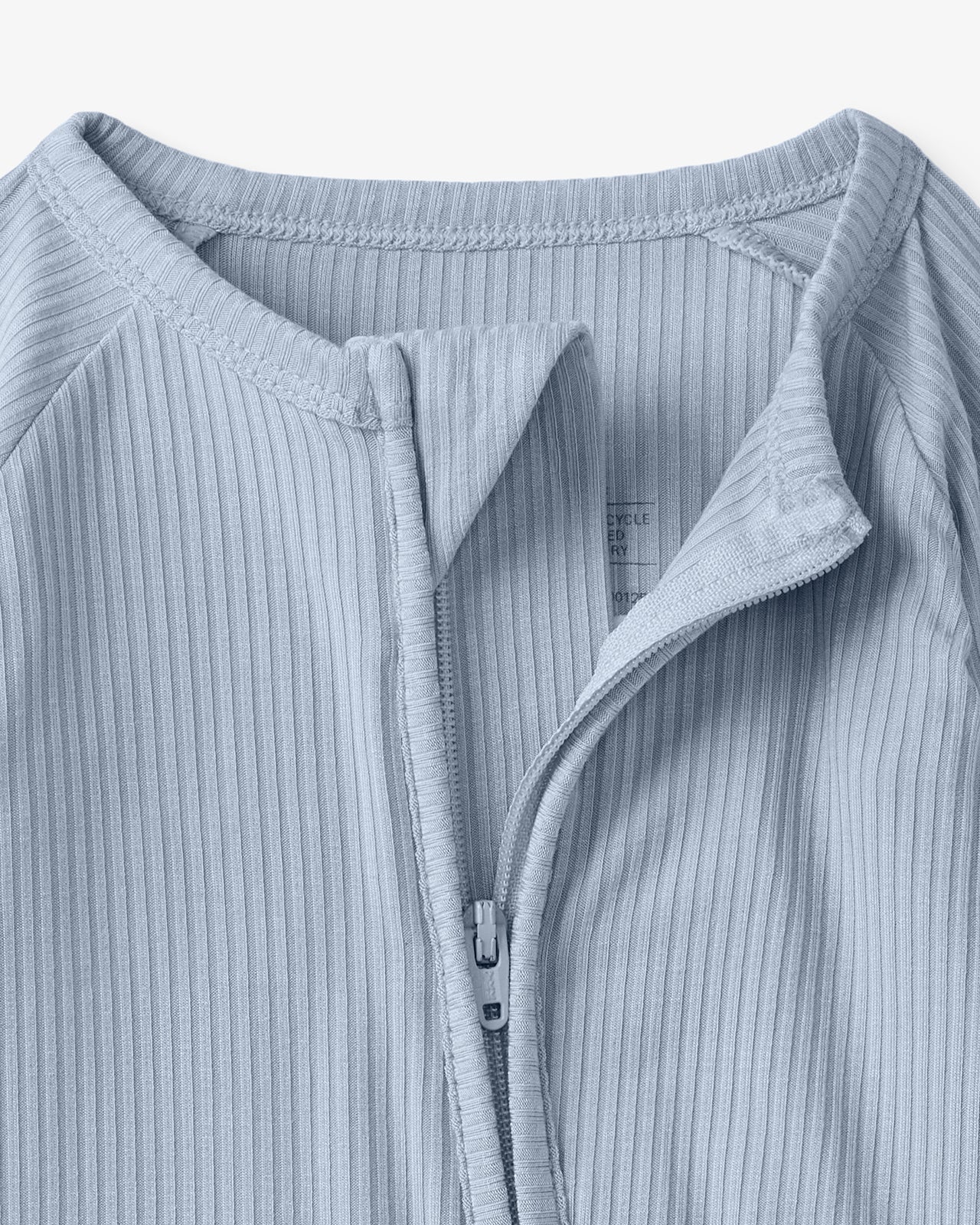 Close up of the neck opening on the Light Fog Ribbed Zippy