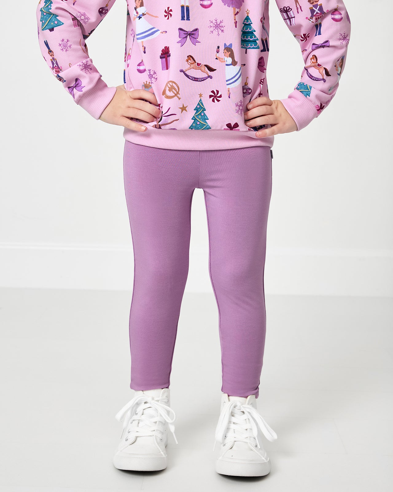 Close up of girl wearing the Lavender Herb Legging