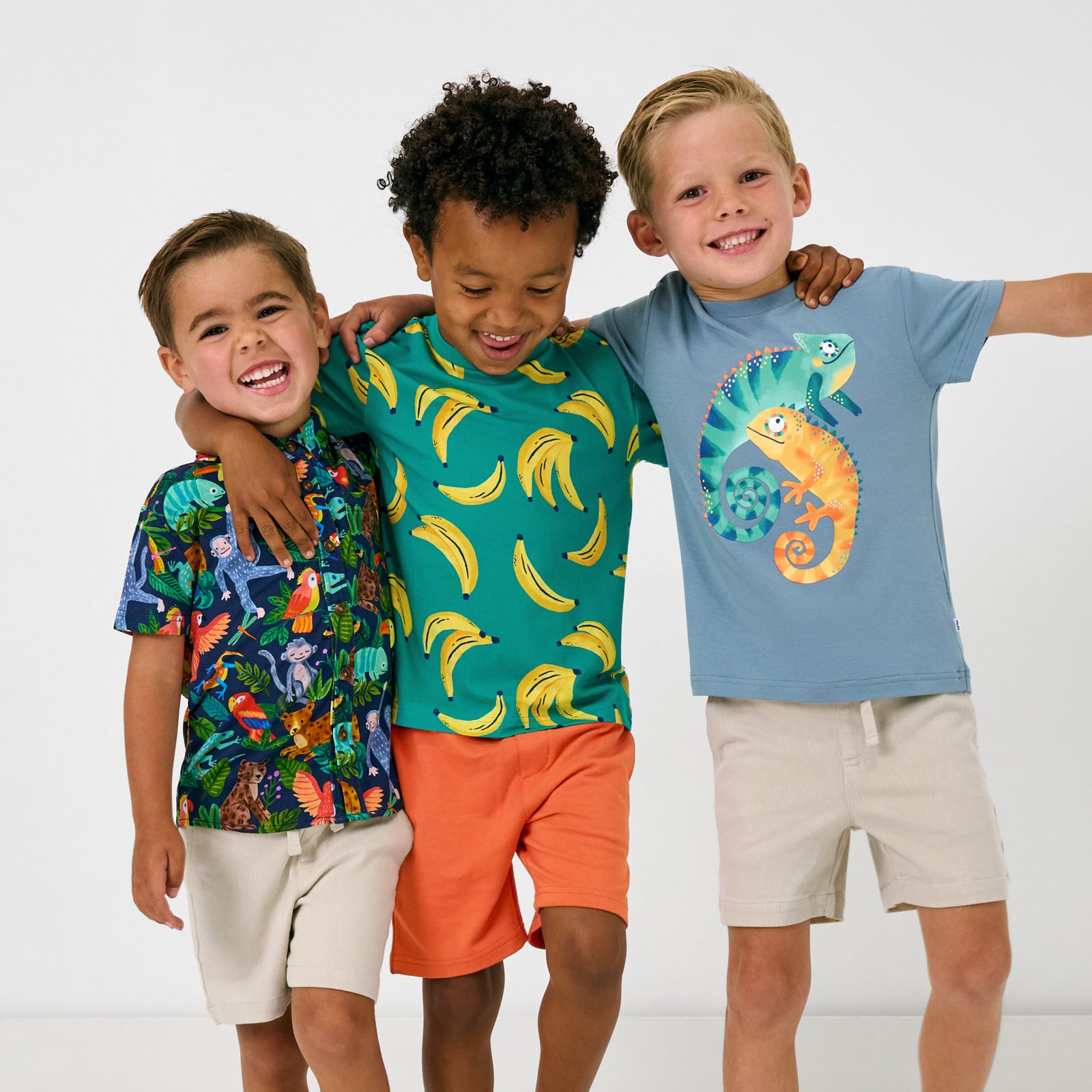 Three children wearing play styles from the Jungle Drop