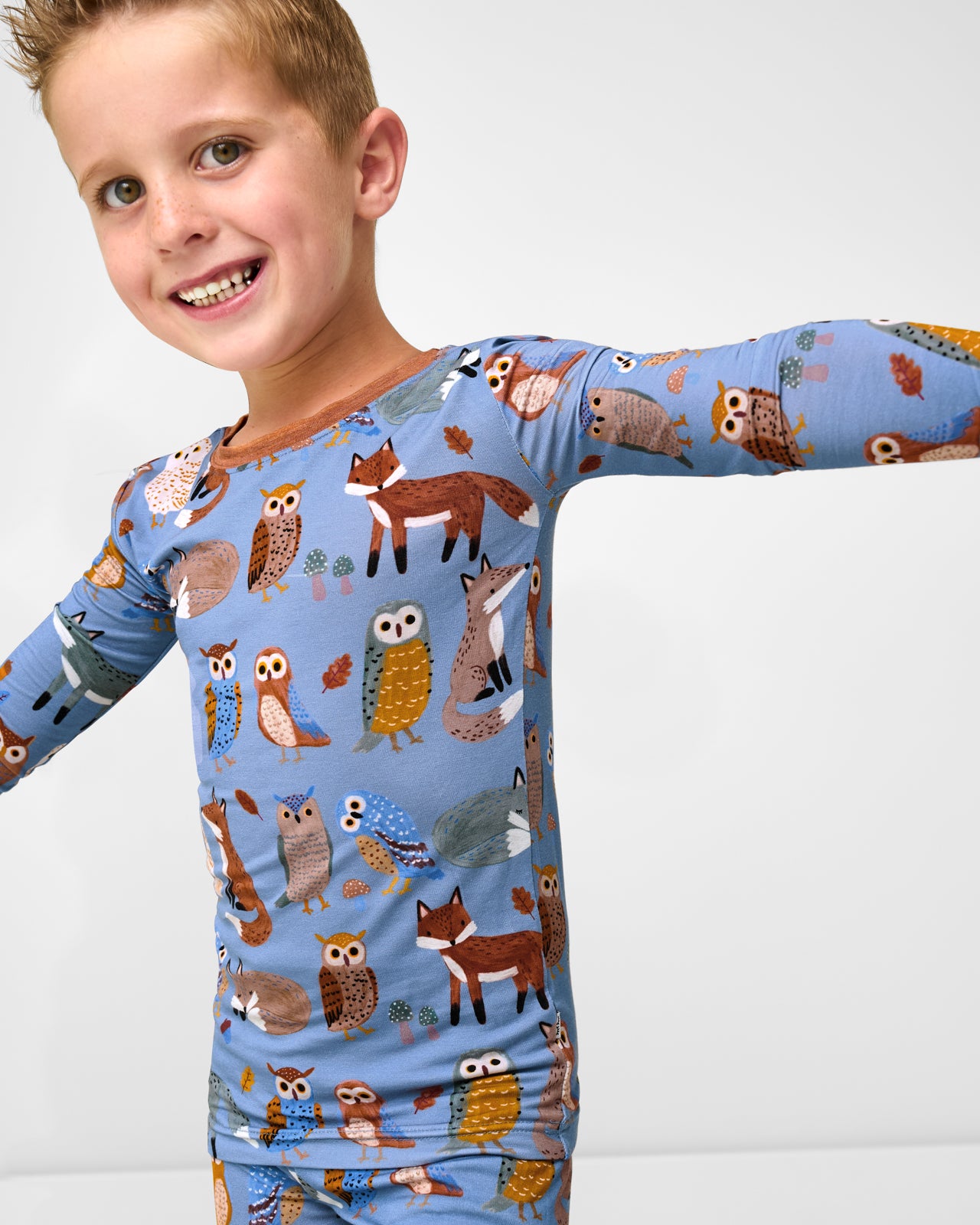 Close up of boy wearing the Twilight Pals Two-Piece Pajama Set