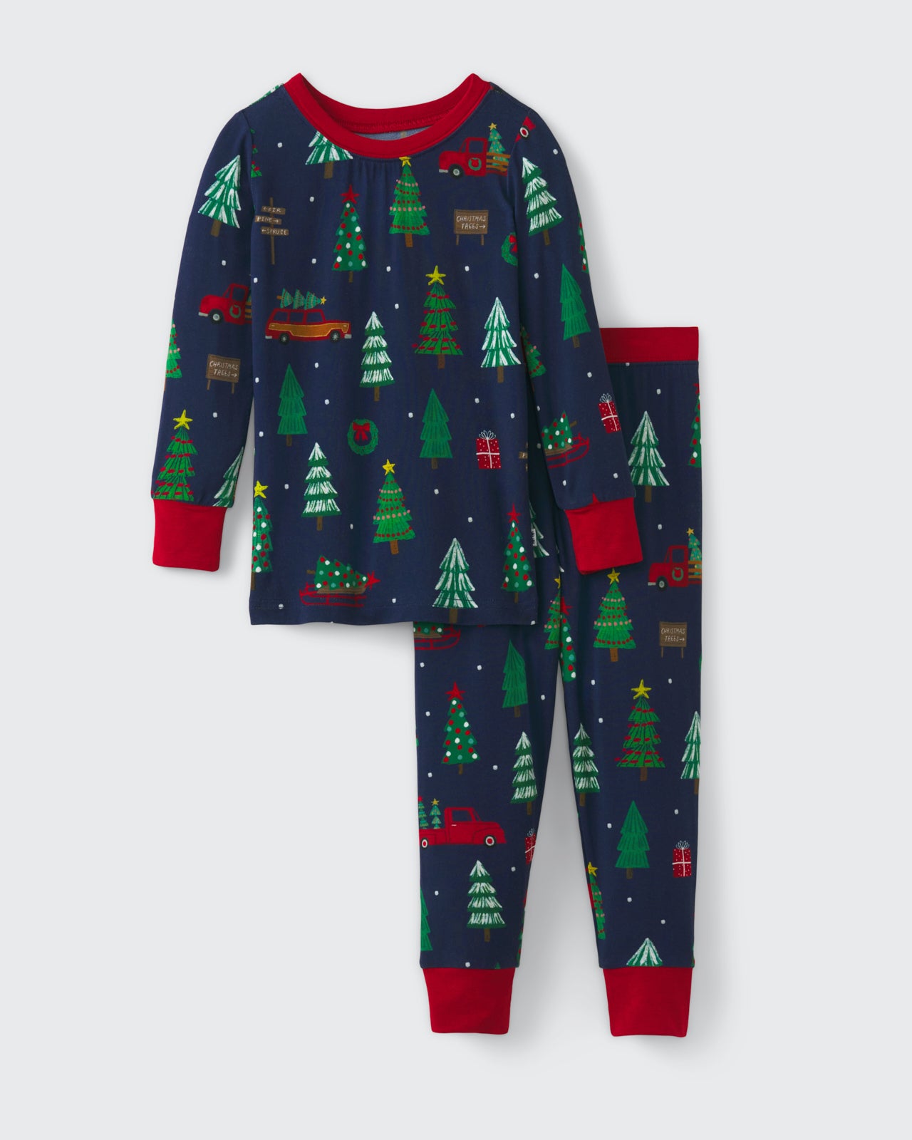 Flat lay of the Navy Tree Traffic Two-Piece Pajama Set