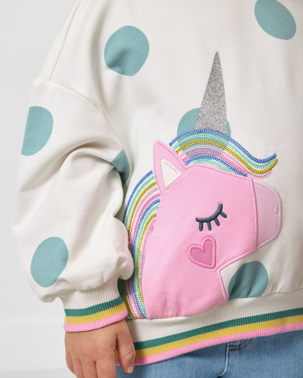 Close up of the unicorn graphic on the Unicorn Drop Shoulder Crewneck