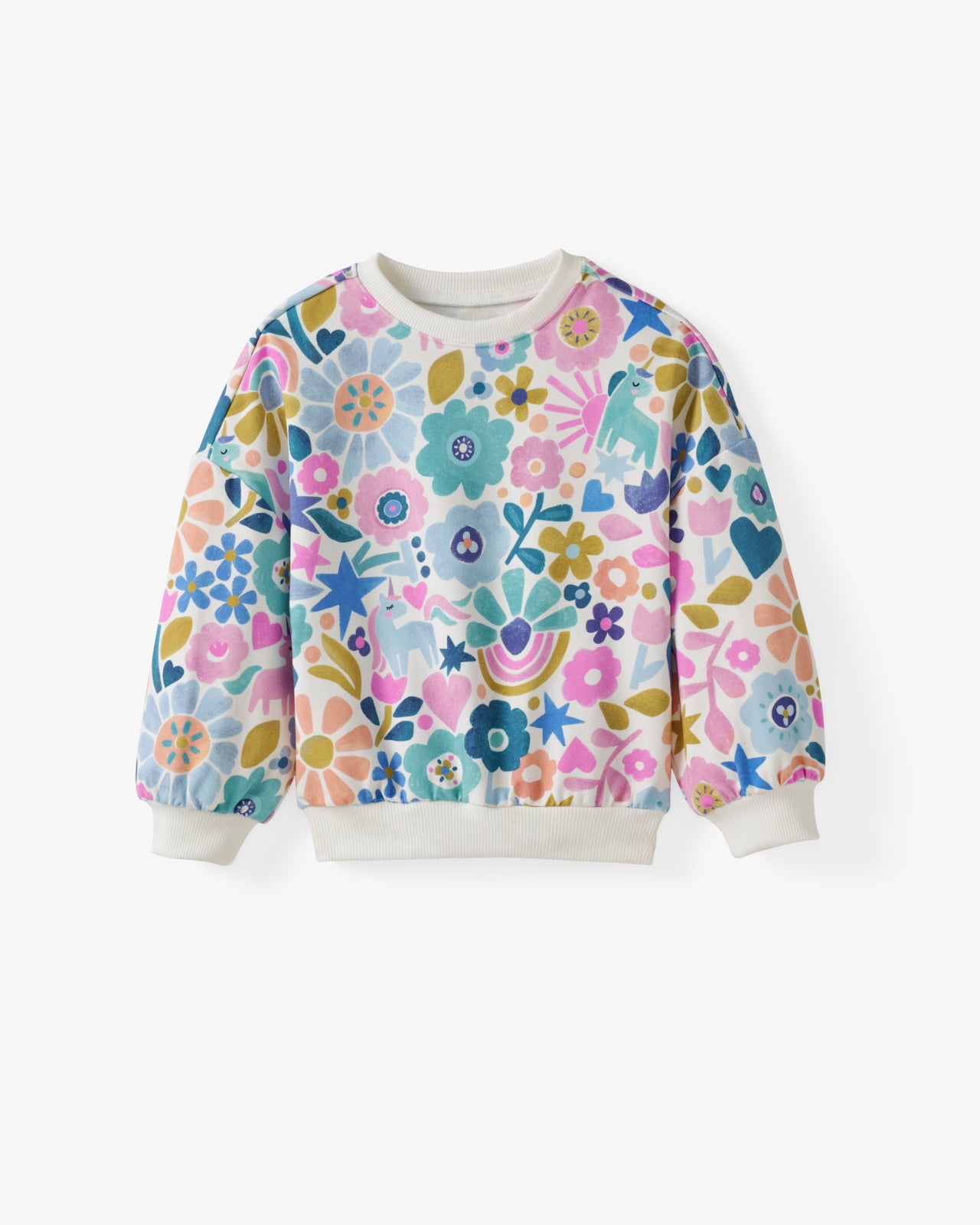Flat lay of the Unicorn Blossoms Drop Shoulder Crewneck