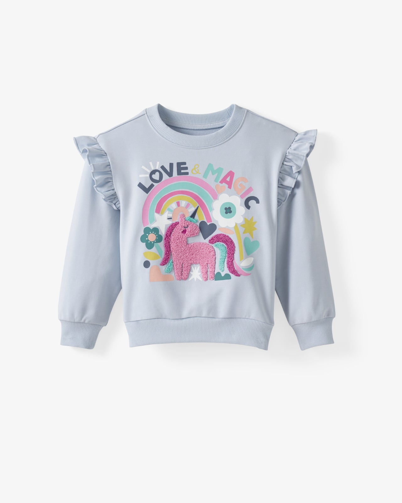 Flat lay of the Unicorn Ruffle Crewneck