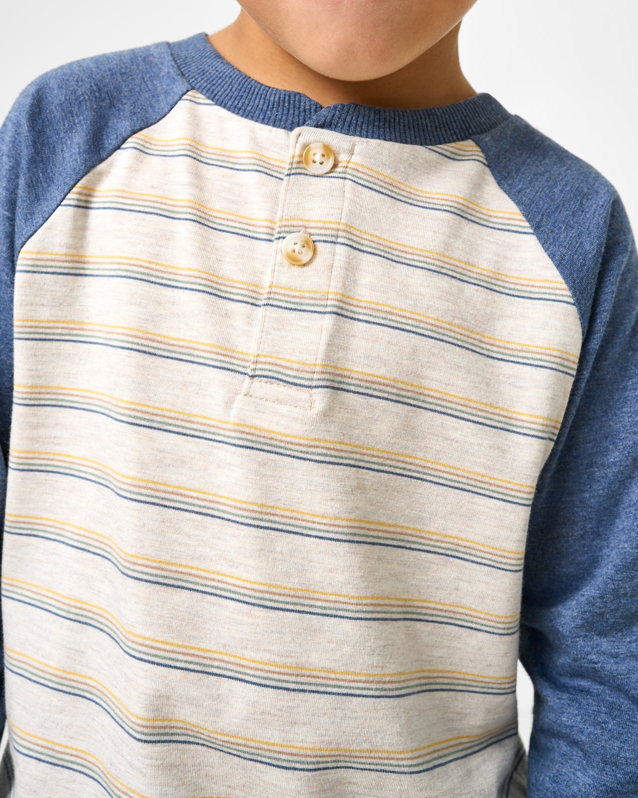 Close up of the henley detail on the Vintage Navy Heather Stripe Raglan Henley Tee