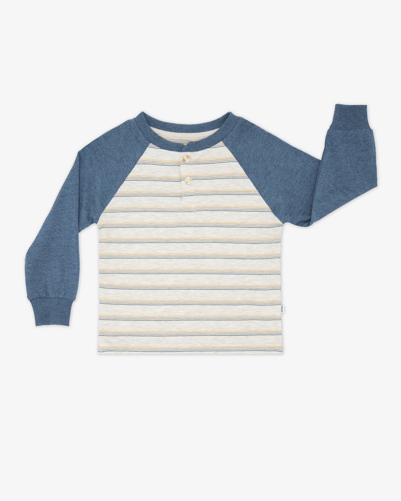 Flat lay of the Vintage Navy Heather Stripe Raglan Henley Tee