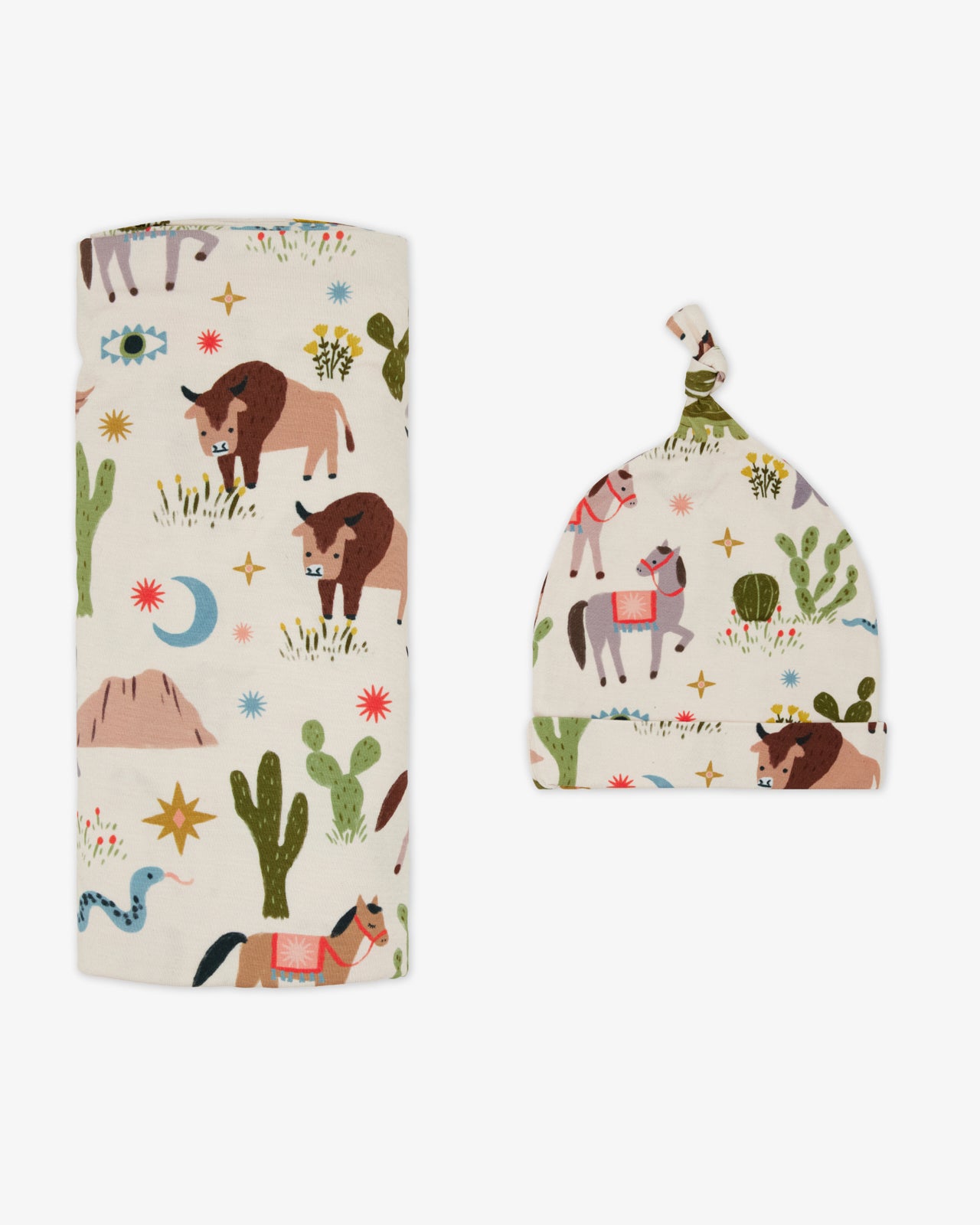 Flat lay of the Wild Frontier Swaddle & Hat Set