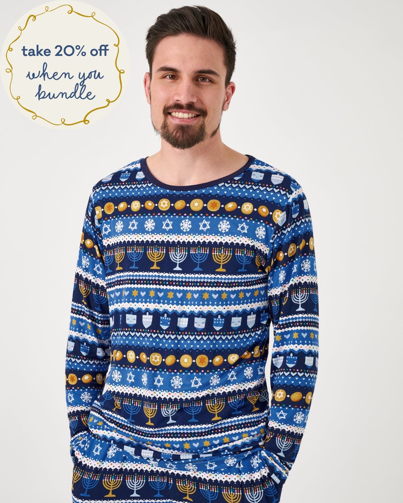 Man wearing the Hanukkah Fair Isle Men's Long Sleeve Pajama Top