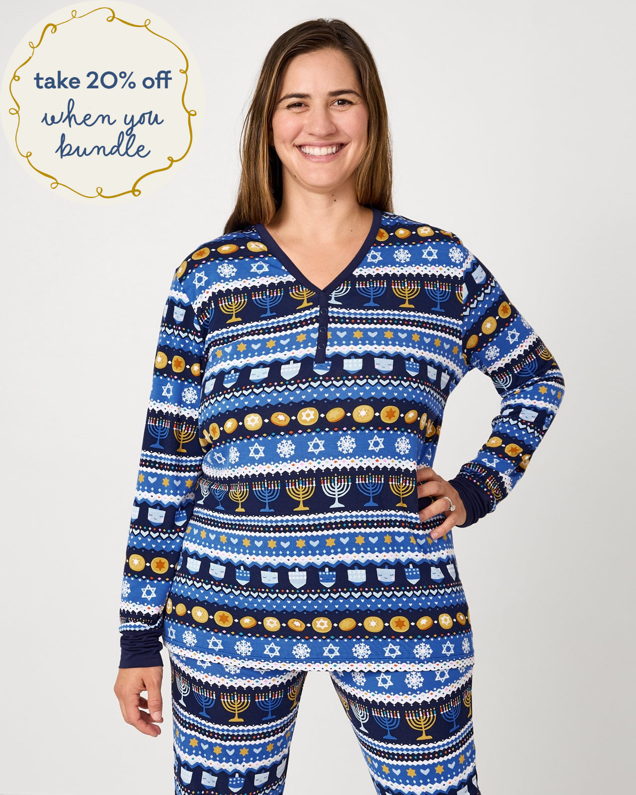 Woman wearing the Hanukkah Fair Isle Women's Long Sleeve Pajama Top
