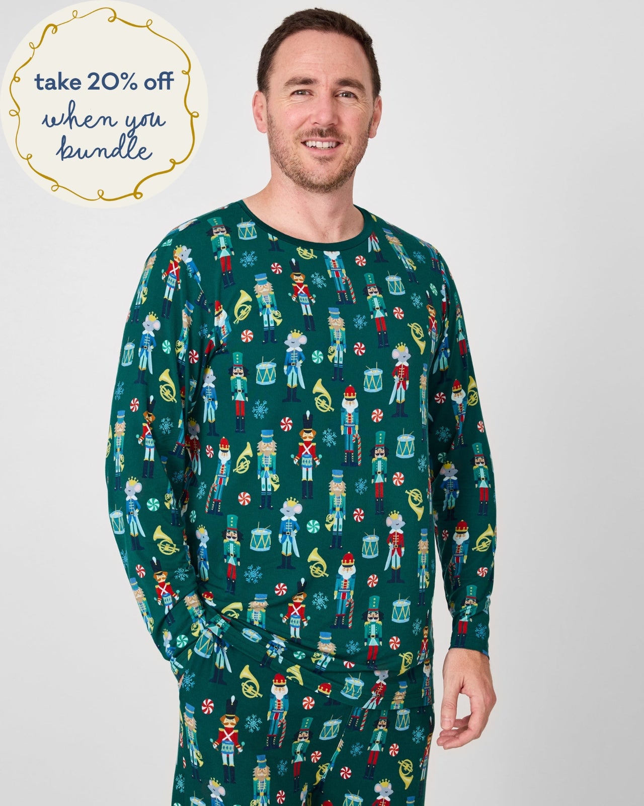 Man wearing the Nutcracker March Men's Long Sleeve Pajama Top