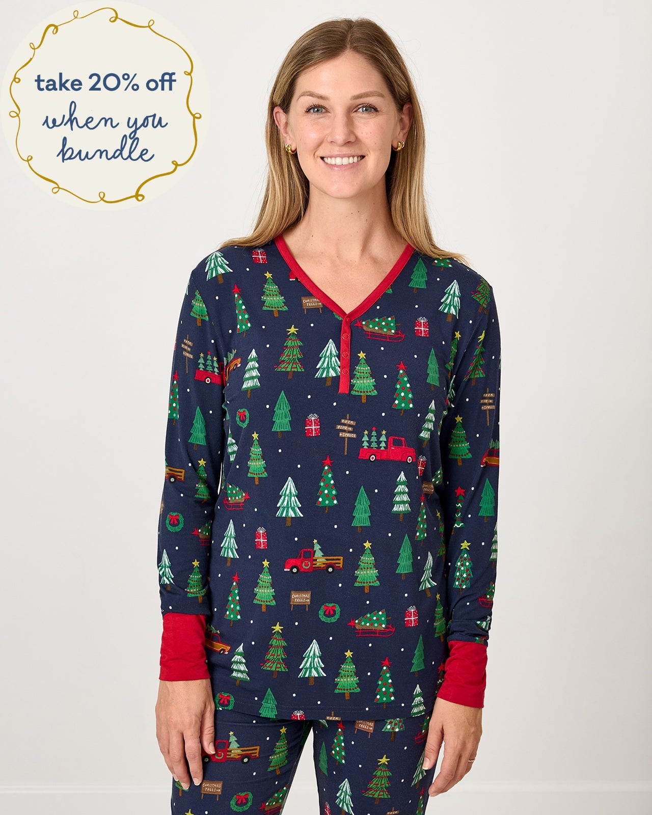 Woman wearing the Navy Tree Traffic Women's Long Sleeve Pajama Top