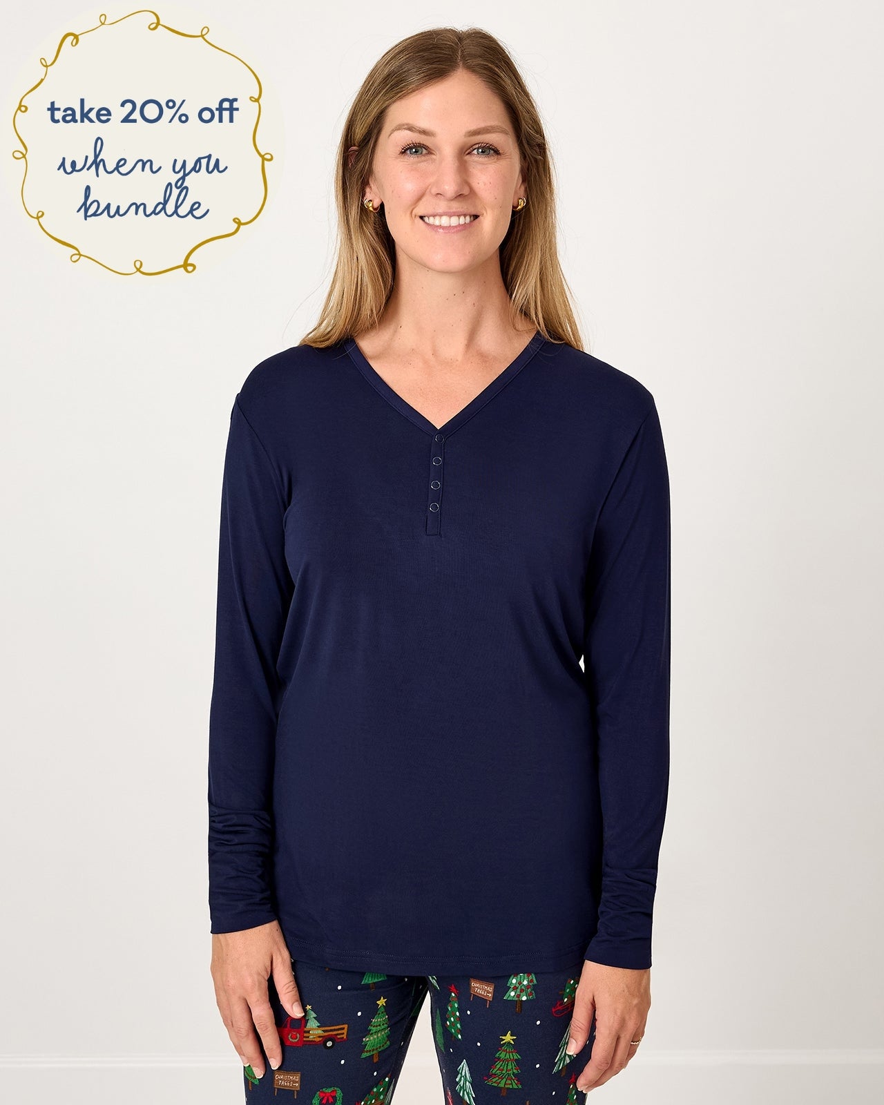 Woman wearing the Classic Navy Women's Long Sleeve Pajama Top