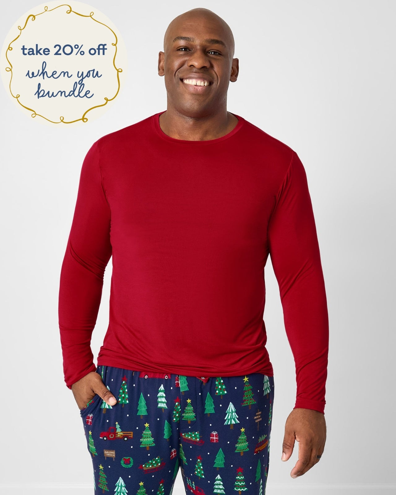 Man wearing the Holiday Red Men's Long Sleeve Pajama Top
