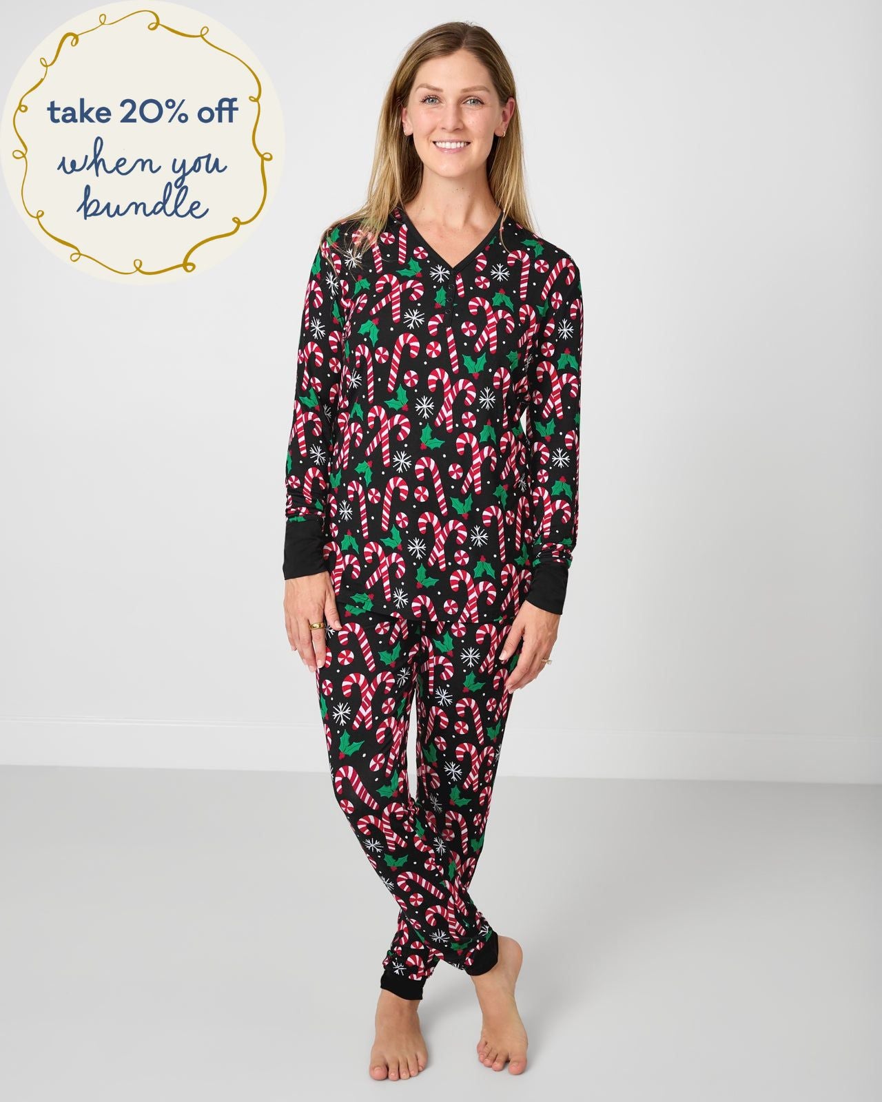 Woman wearing festive Merry Mints Women's Pajama Pants with the matching top